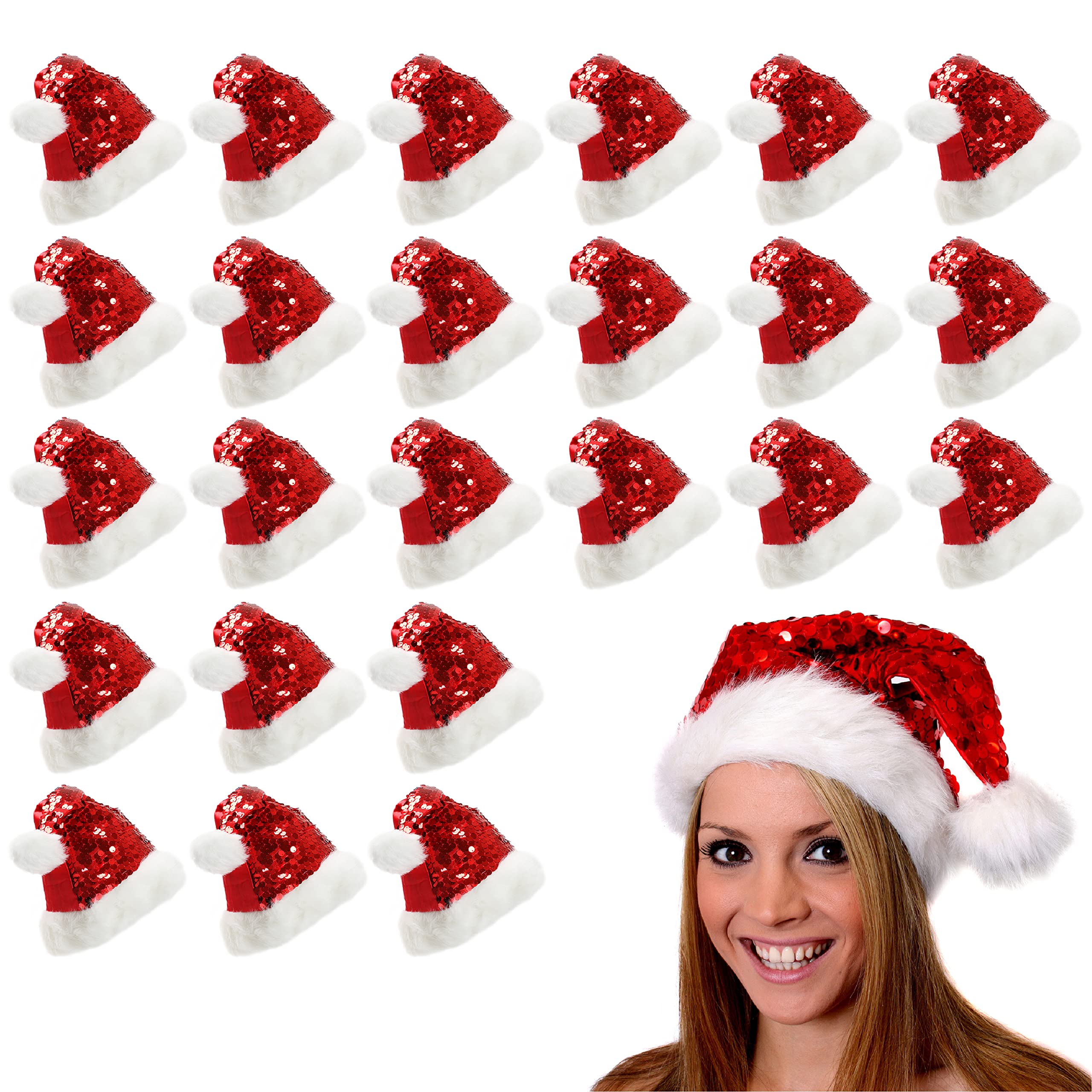 Red Sequin Santa Hat Christmas - Red Sequin-Dotted Santa Hat with a Fluffy Base and Pom-Pom Tip - Perfect For Family Xmas Events & Fancy Dress - 24 Pack