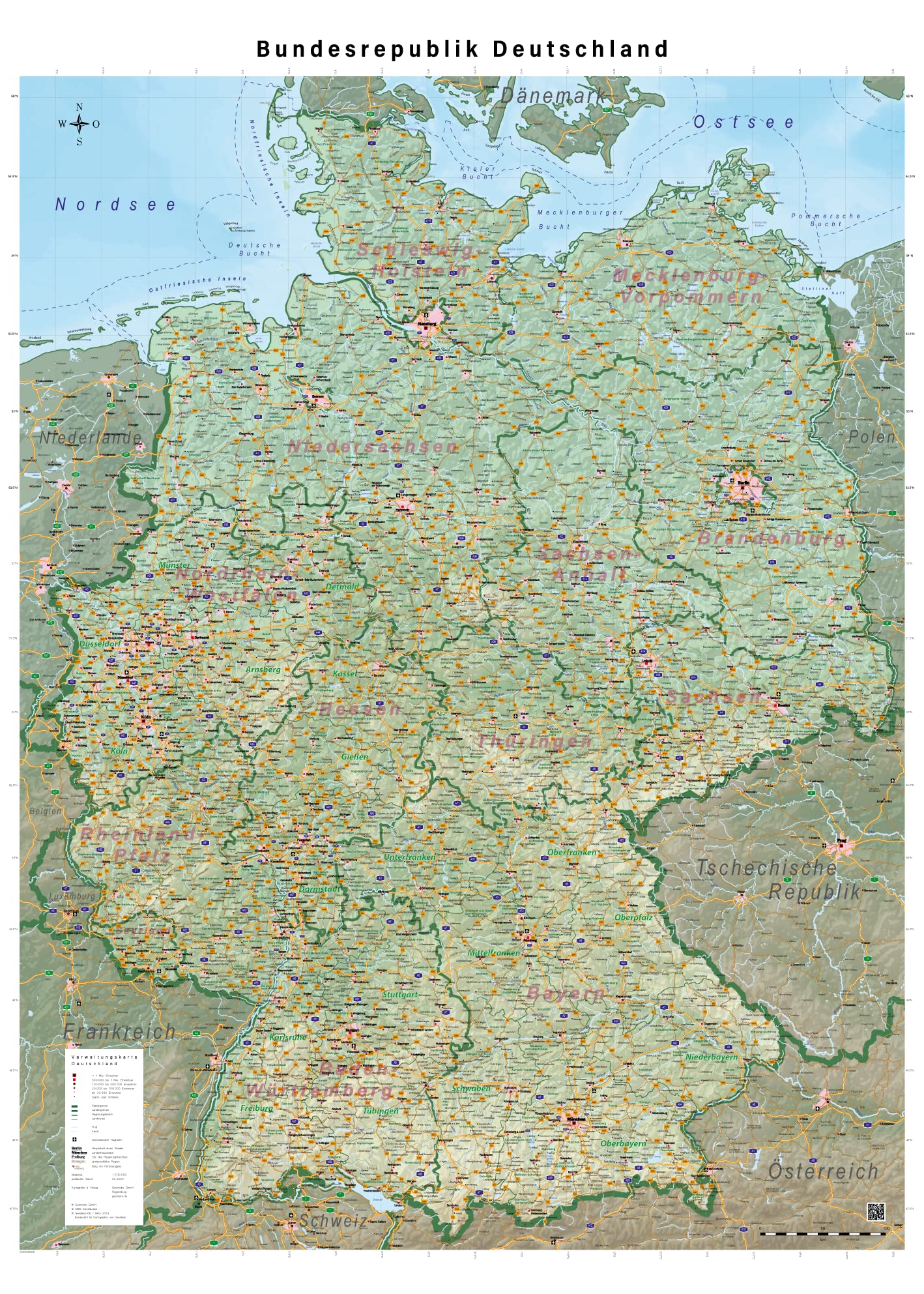 GeoMetro XL Deutschlandkarte (physisch und politisch) mit Laminierung, beschreibbar, Bundesrepublik Deutschland, 140 x 100 cm, 2025