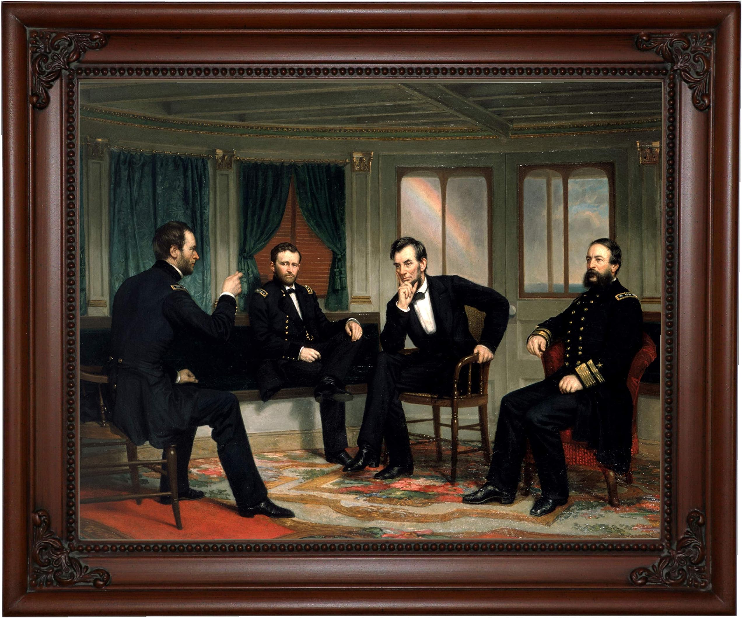 Historic Art Gallery The Peacemakers 1868 Sherman, Grant, Lincoln, and Porter Aboard The River Queen March 1865 by George P.A. Healy Framed Canvas Print, Size 11x14, Brown