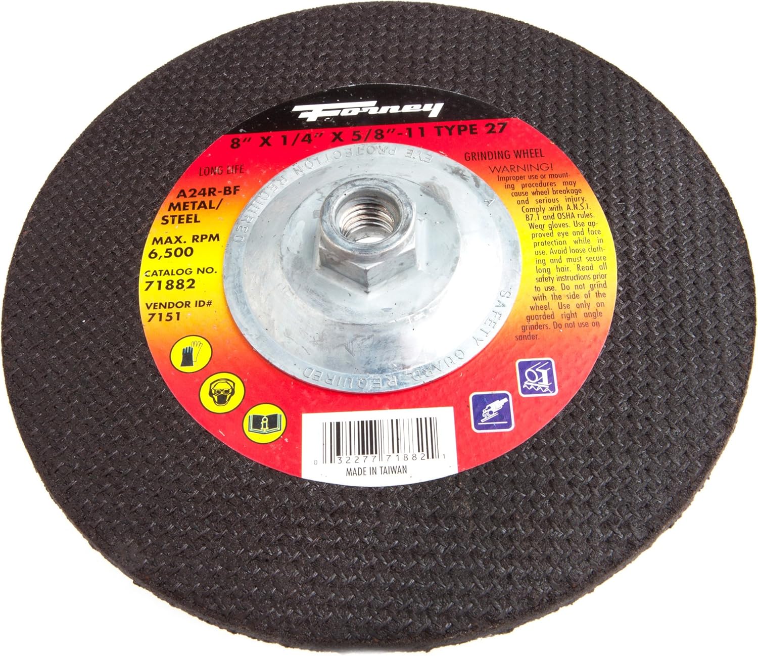 Forney 71882 Grinding Wheel with 5/8-Inch-11 Threaded Arbor, Metal Type 27, A24R, 8-Inch-by-1/4-Inch
