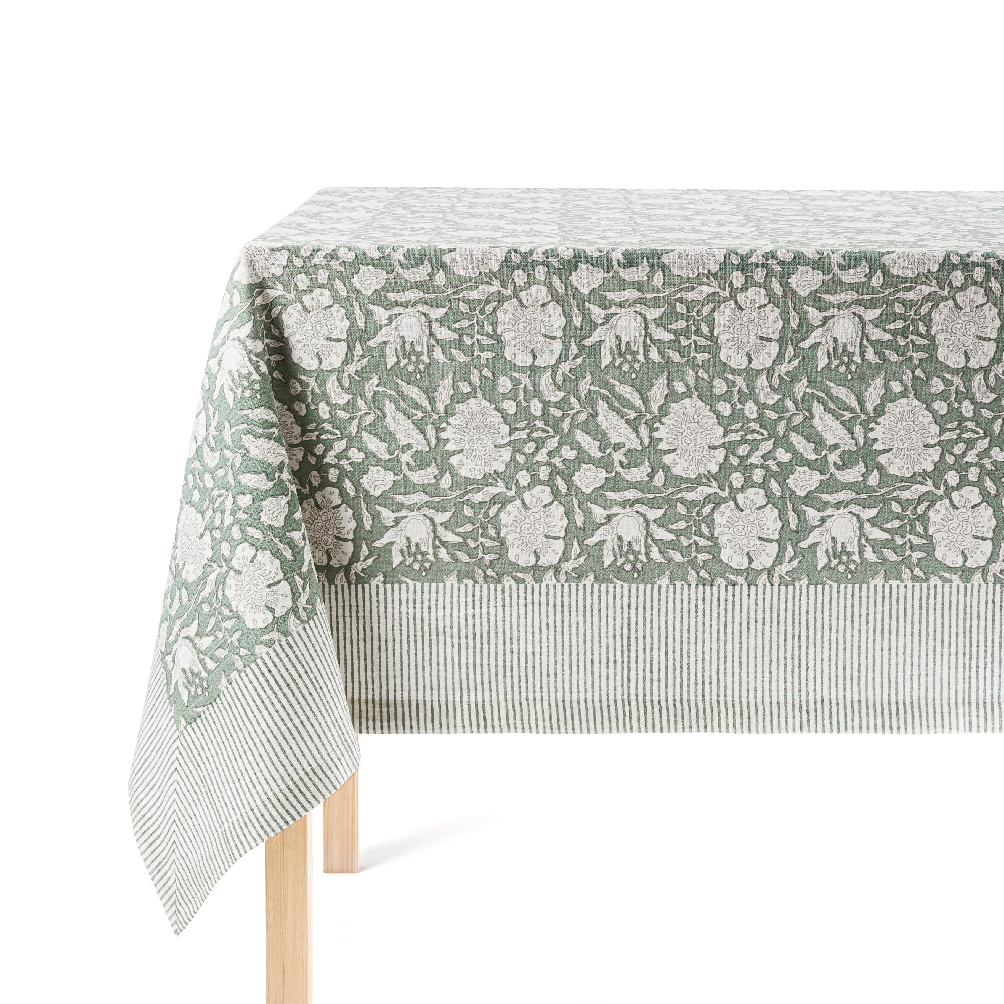 Over&Back Hand-Screened Tablecloth - Dining Table Cover - Each Tablecloth is Unique - 100% Cotton - Machine Washable - Kitchen and Home Decor - Green Floral - 70x90