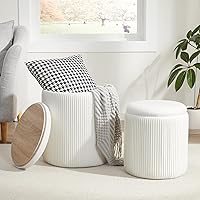 Vista 19 de Royal Windsor Juego de 2 otomanas redondas con almacenamiento, taburete de tocador con almacenamiento para dormitorio, mesa de centro otomana