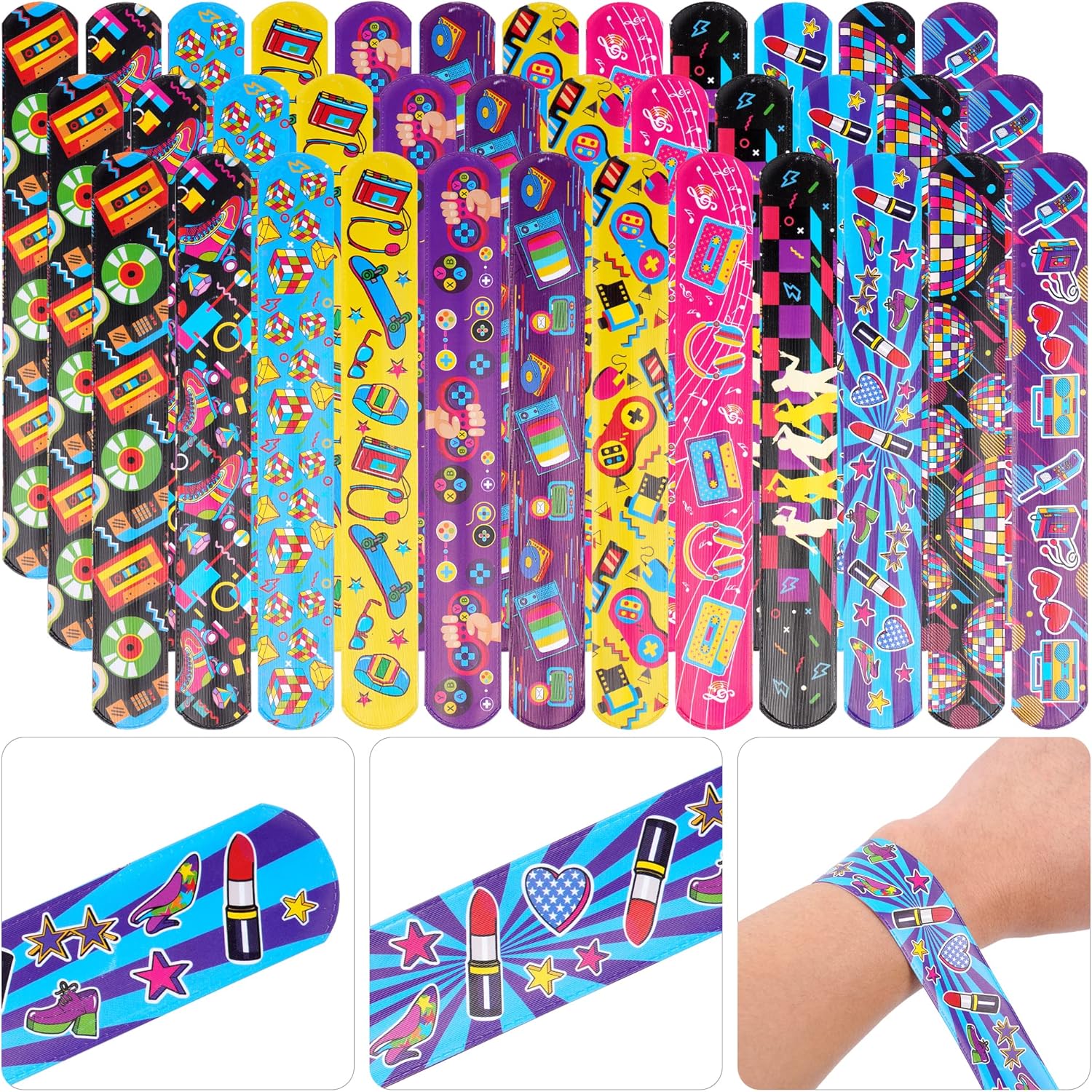 Kolewo4ever 144 Pcs 80s 90s Slap Bracelets Back to 80s 90s Throwback Theme Party Decorations Slap Bracelets Retro Cute Cassette Tape for Birthday Party Supplies - Image 4