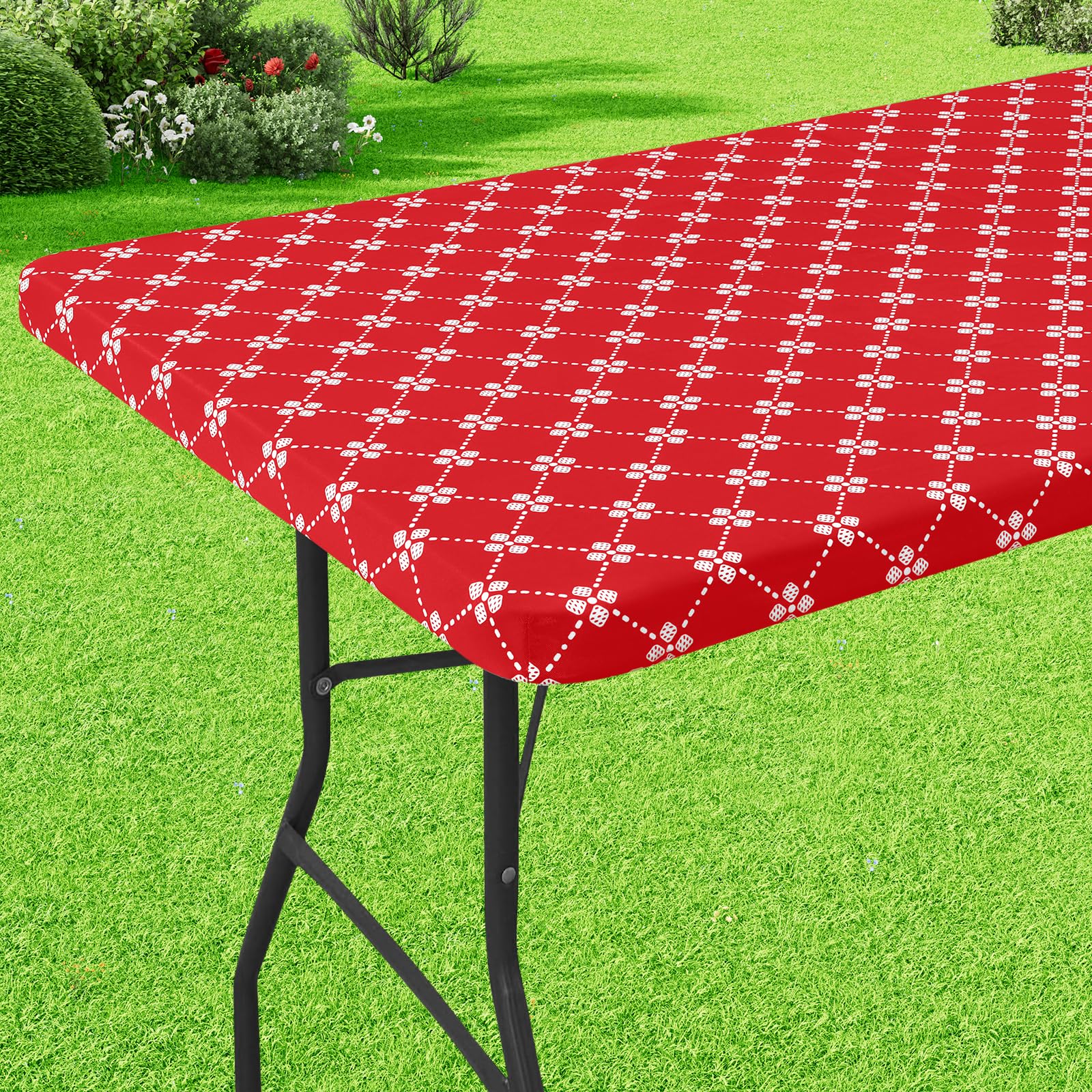 misaya Rectangle Vinyl Table Cloth, Elastic Fitted Tablecloth with Flannel Backing, Waterproof Plastic Table Cover Fits 6 Foot Folding Tables for Picnic, Camping, Indoor and Outdoor (Red, 30" x 72") โ image 1