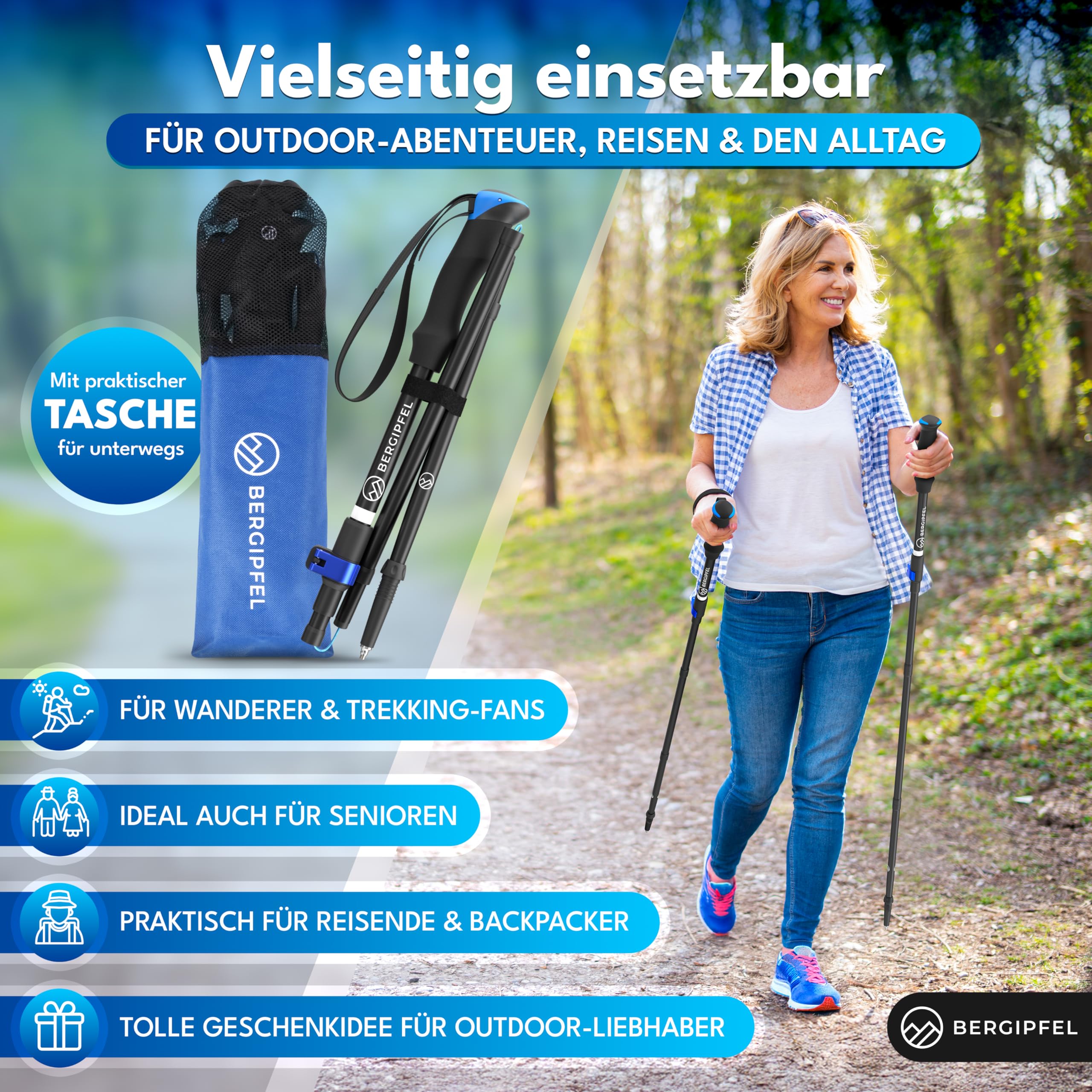 Teleskop-Wanderstöcke|Ultraleicht 270g|faltbar auf 37cm|verstellbar 115–130cm|Walkingstöcke aus Flugzeugaluminium|mit All-Terrain-Zubehör und Tasche|für Damen, Herren, Jugendliche