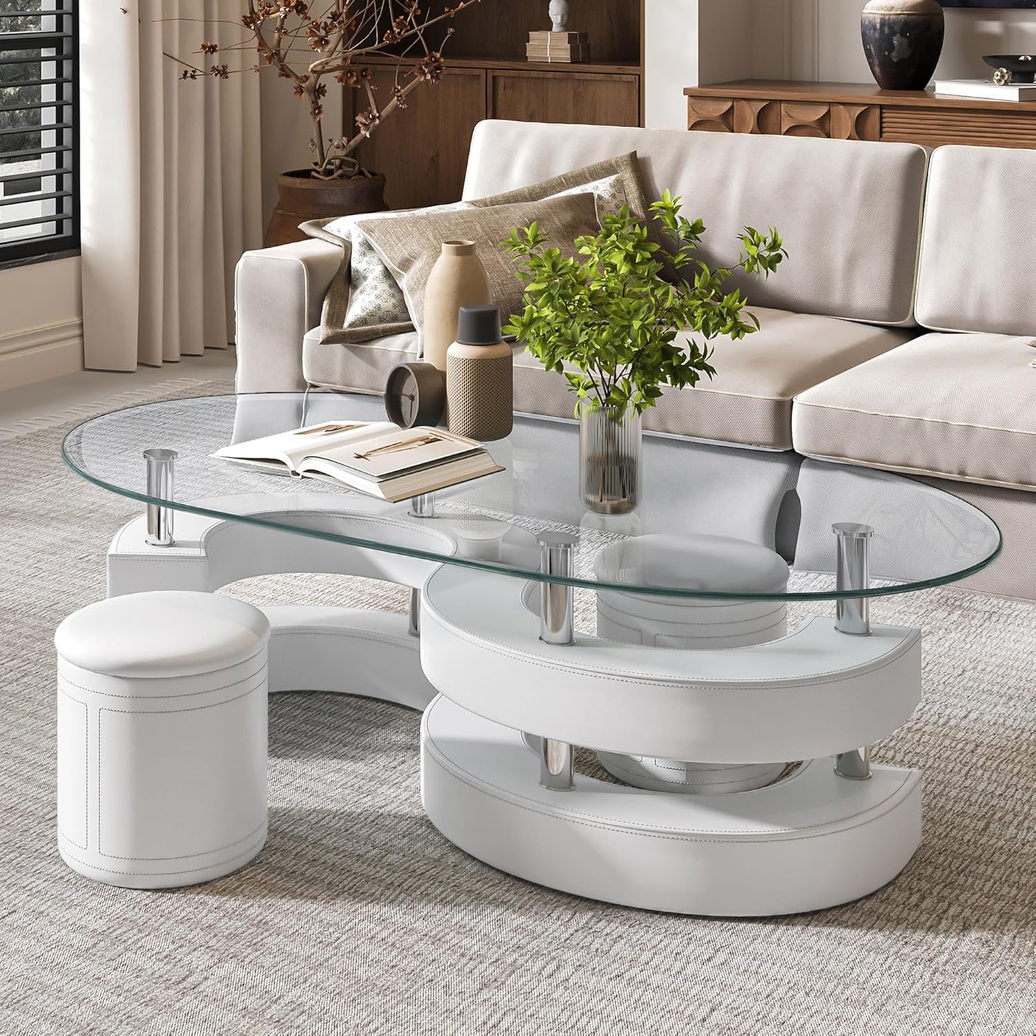Nesting Glass Coffee Table Set of 3, 49" Oval Glass Coffee Table with 2 Leather Stools, Modern Center Table with Tempered Glass Top and S Shape Base for Living Room, Office, White