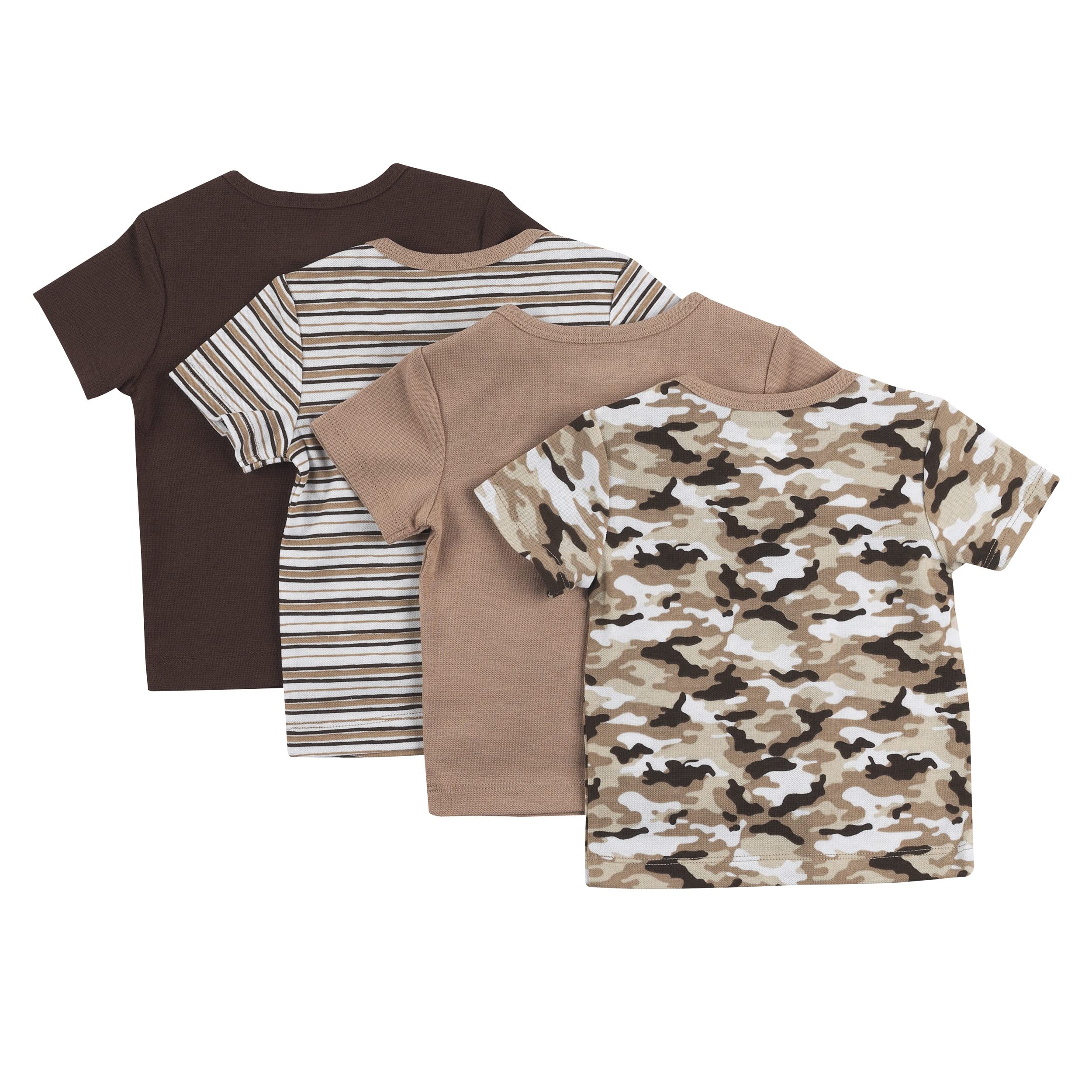 Hanes Baby T, Flexy Soft Stretch Shirt, Expandable Shoulder, 4-Pack, Dusty Brown/Tan, 6-12 Months