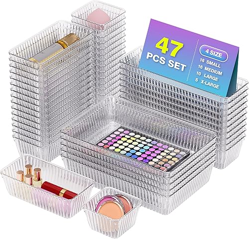 Juego de 47 organizadores de cajones de plástico transparente, 4 tamaños, organizador de maquillaje, divisor de cajones de escritorio, organizadores