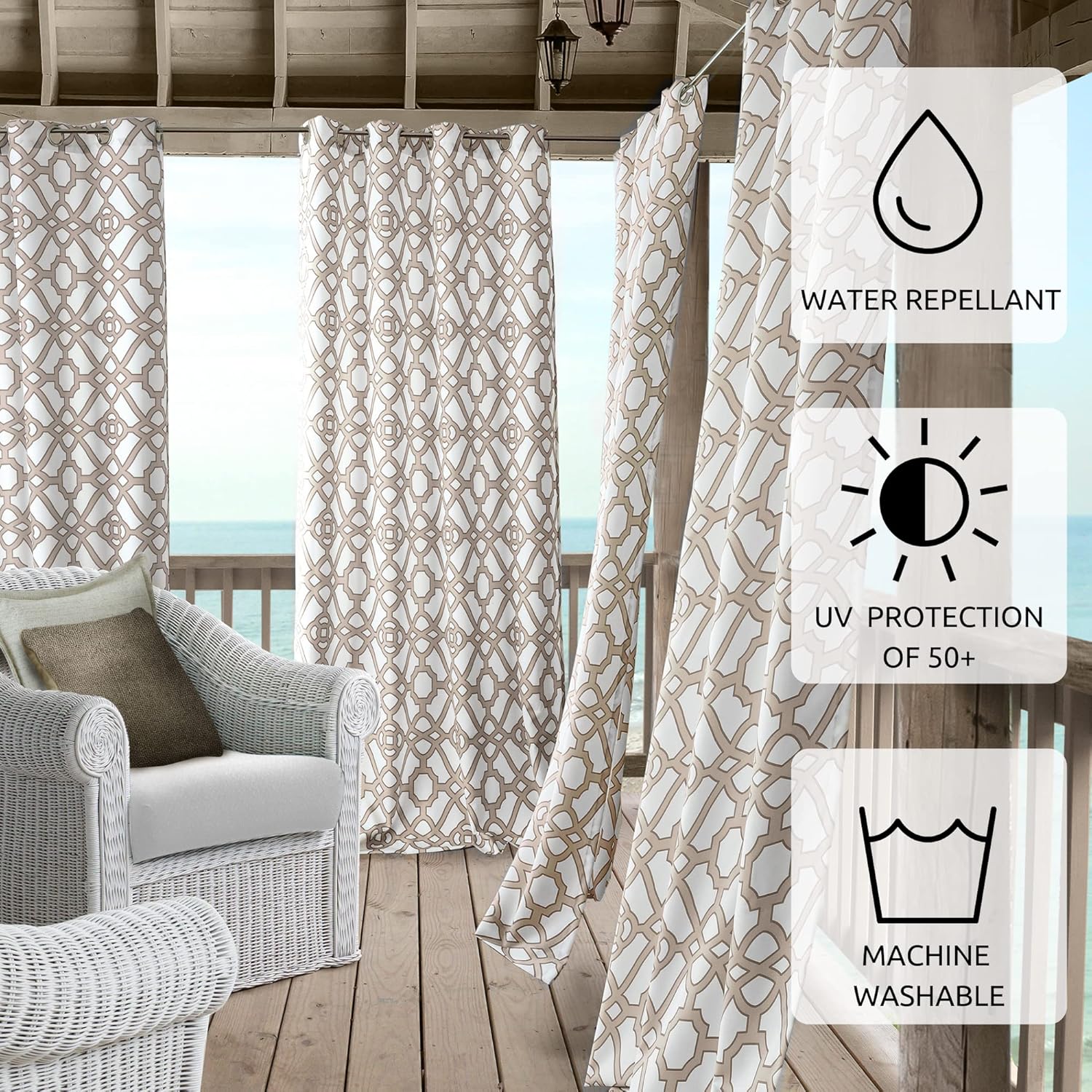 Elrene Home Fashions Marin Indoor/Outdoor Geometric Ironwork Print Grommet Window Curtain Panel for Patio, Pergola, Porch, Deck, and Lanai, 50"x108", Natural