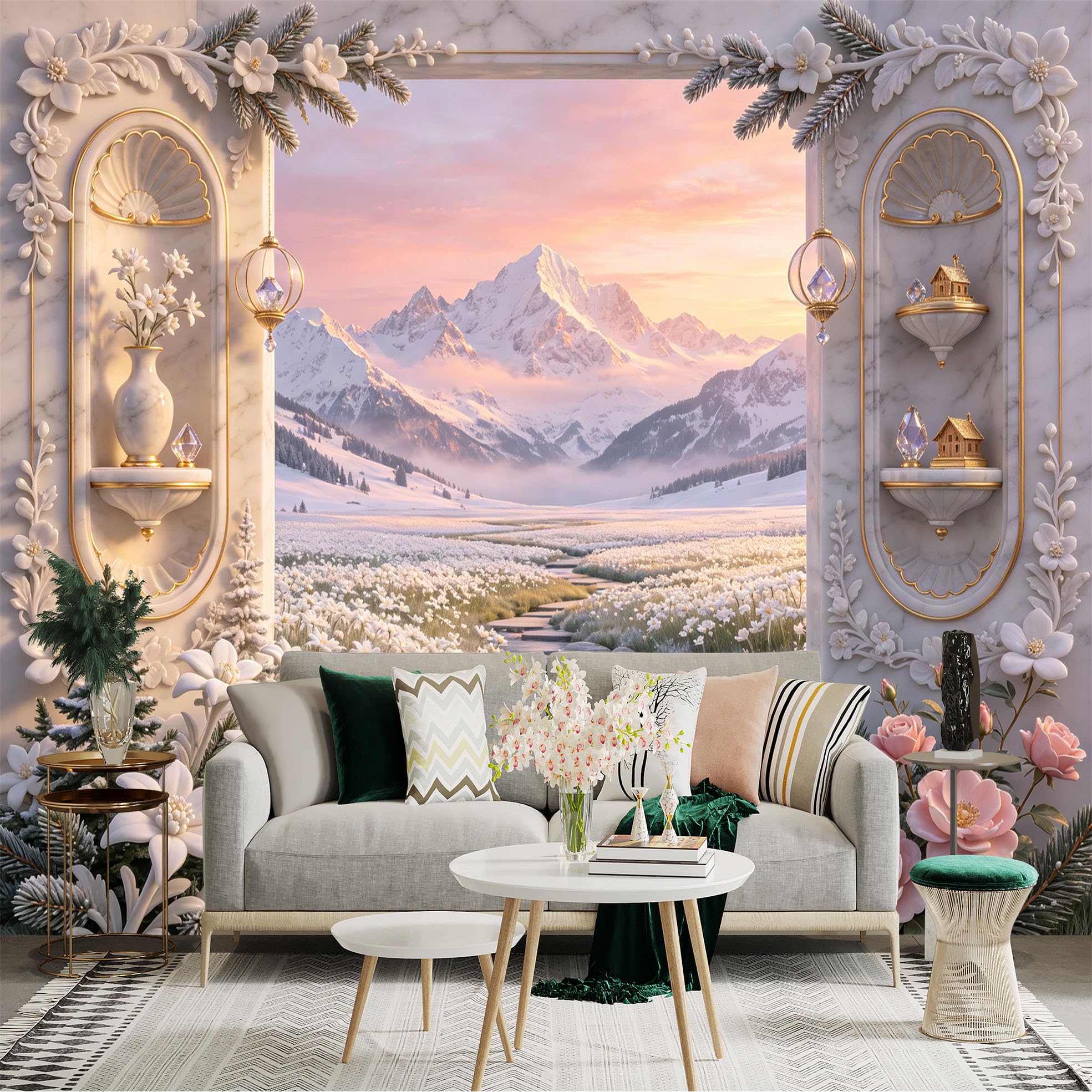 Custom Size Wall Sticker Mural， Snow Mountain Meadow Stream Floral Landscape， for wall Decoration， peelandstick wall Decals.