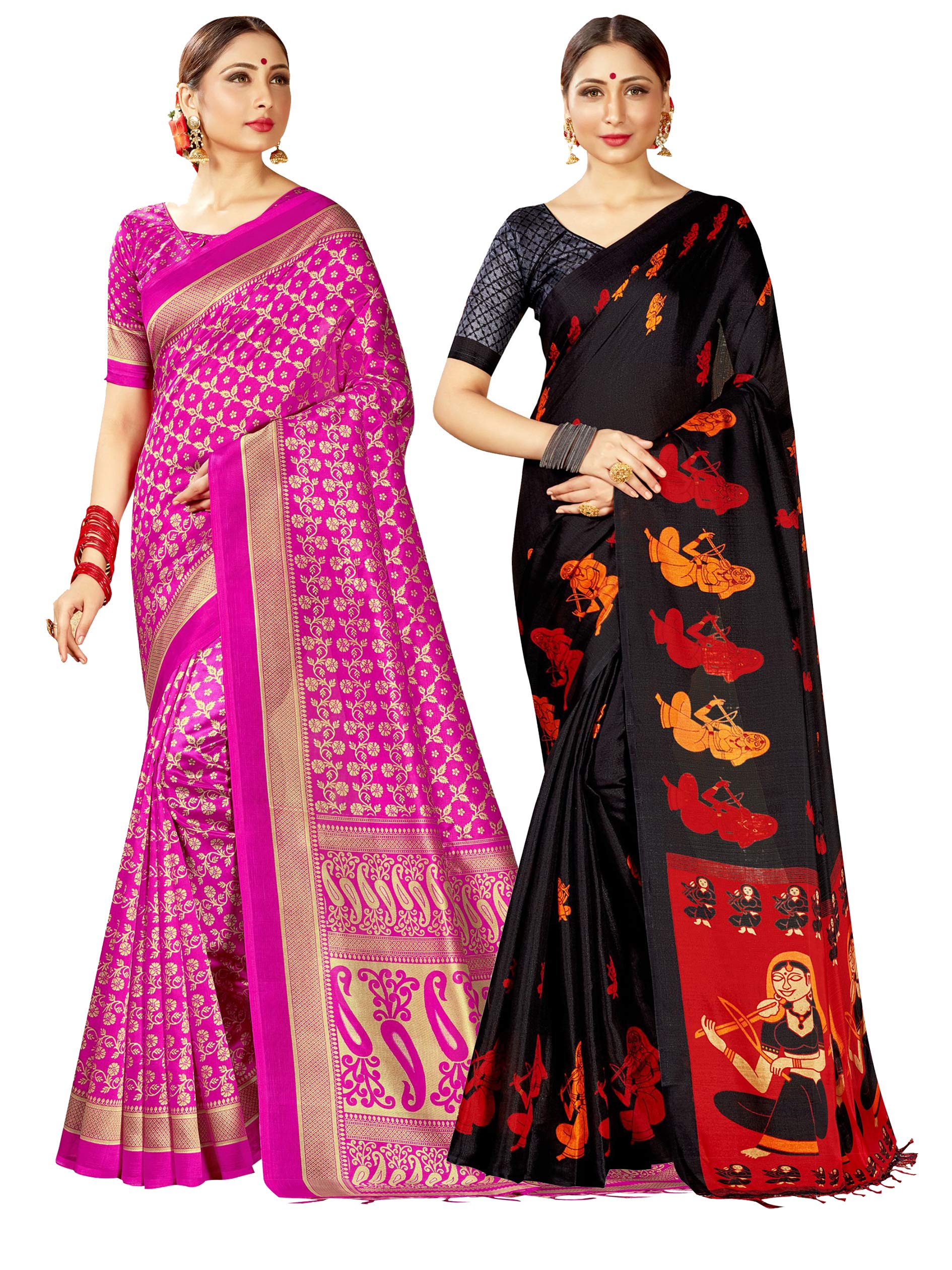 Elina fashionPack of Two Sarees for Women Mysore Art Silk Printed Indian Diwali Sari || Wedding Gift Saree Set Combo, Multi 6, FreeSize