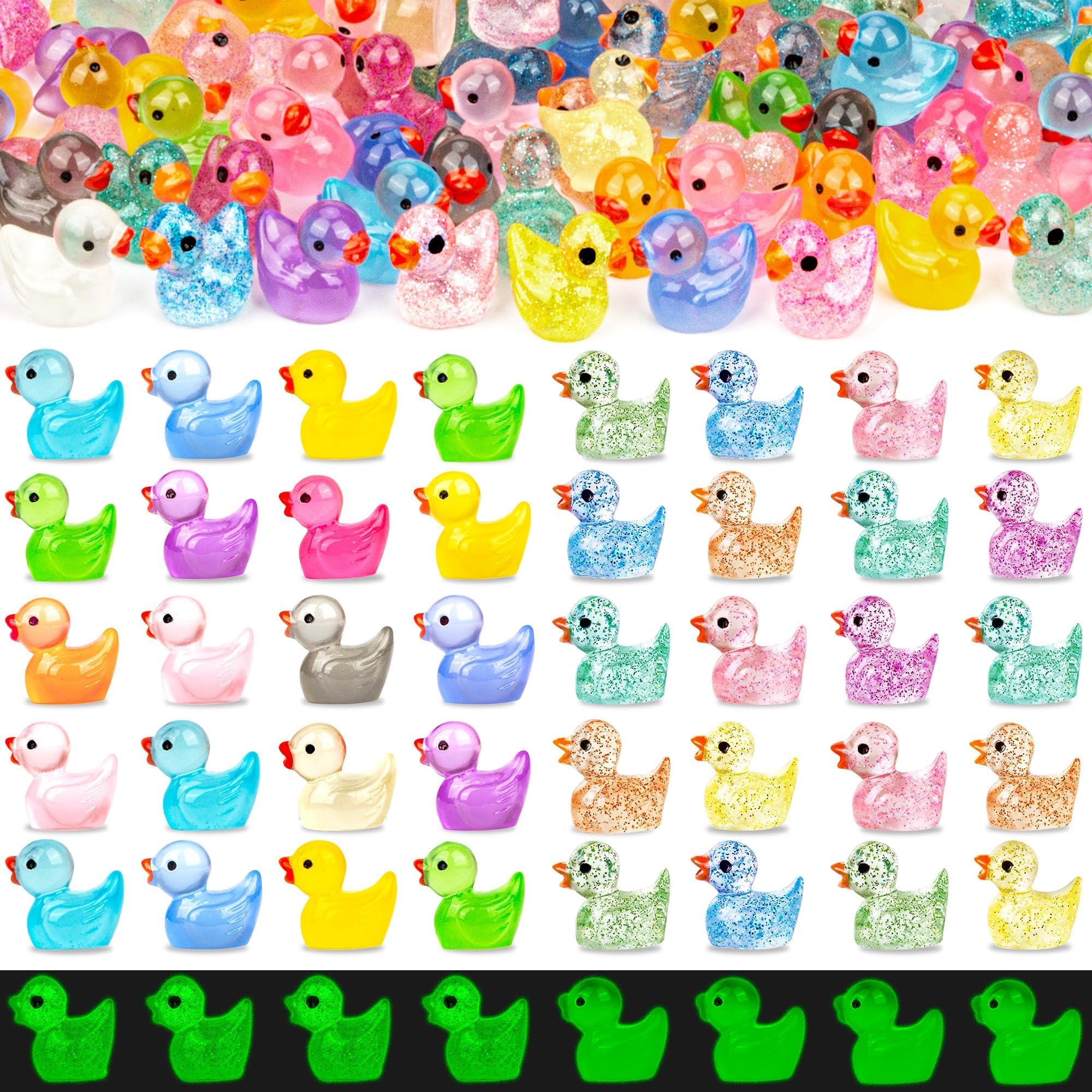 FEXIA 100pcs Mini Ducks Glitter Resin Tiny Ducks Animals Figures to Hide Glow in the Dark Duck Figures for Dollhouse Aquarium Fairy Garden Decor