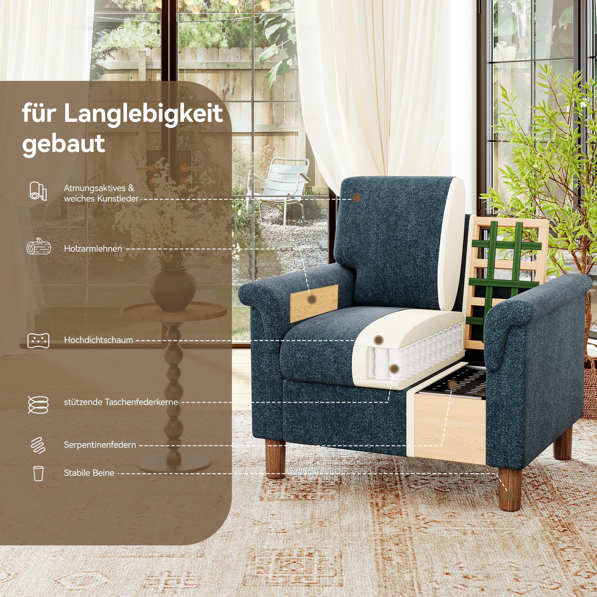 Vipbear Sessel Wohnzimmer, Modern Ohrensessel aus Chenille, Gepolsterter loungesessel, Gemütlicher Lesesessel für Schlafzimmer mit Armlehnen, Einzelsessel & Ecksessel, Einfache Montage, Blau