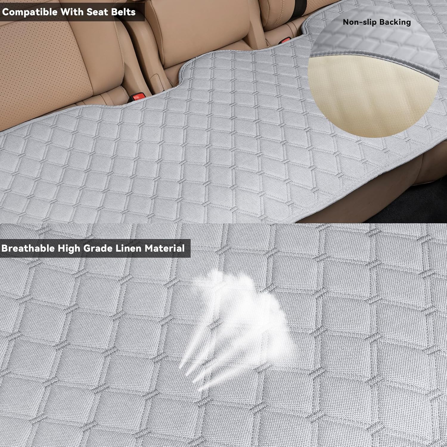 Linen Back Car Seat Cover, Rear Car Seat Cover for Cars Truck SUV, Anti-Slip Breathable Rear Bench Seat Protector Cushion Pad with Storage Pockets for Most Vehicles - Grey 1pc