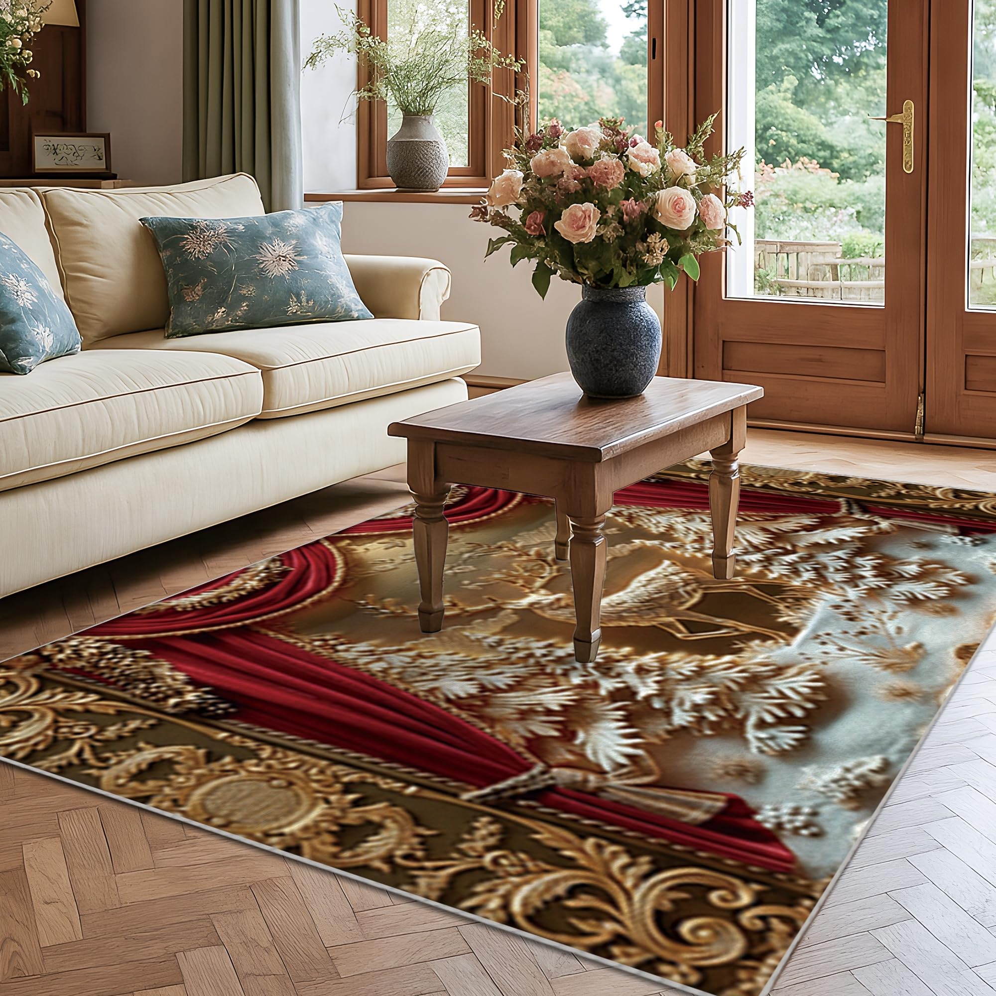 Rentier-Teppich, weihnachtlicher festlicher Vorhang, Schnee, Weihnachten, Rot, niedriger Flor, ästhetisch, rechteckig, für Wohnzimmer, Schlafzimmer, Flur, Büro, Dekoration, 122 x 150 cm