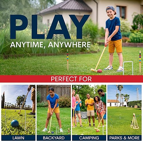 Miniatura 6 de Juego de croquet profesional para adultos, juegos de croquet de lujo para familias con mazos de madera de 35 pulgadas, bolas de polímero, bolsa