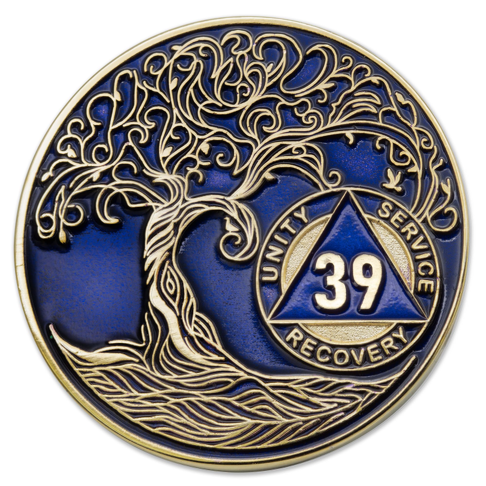 1 to 50 Year Twisted Tree of Life Sobriety Coin - Gold Plated AA Chips & Medallions - 39 Year Sobriety Coin - Translucent Blue