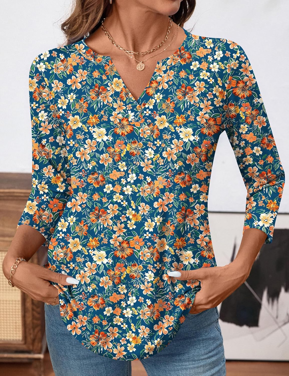 LOMON Womens 3/4 Length Sleeve Tops V Neck Business Casual Blouses Summer Tees Shirts 2026 - Image 3