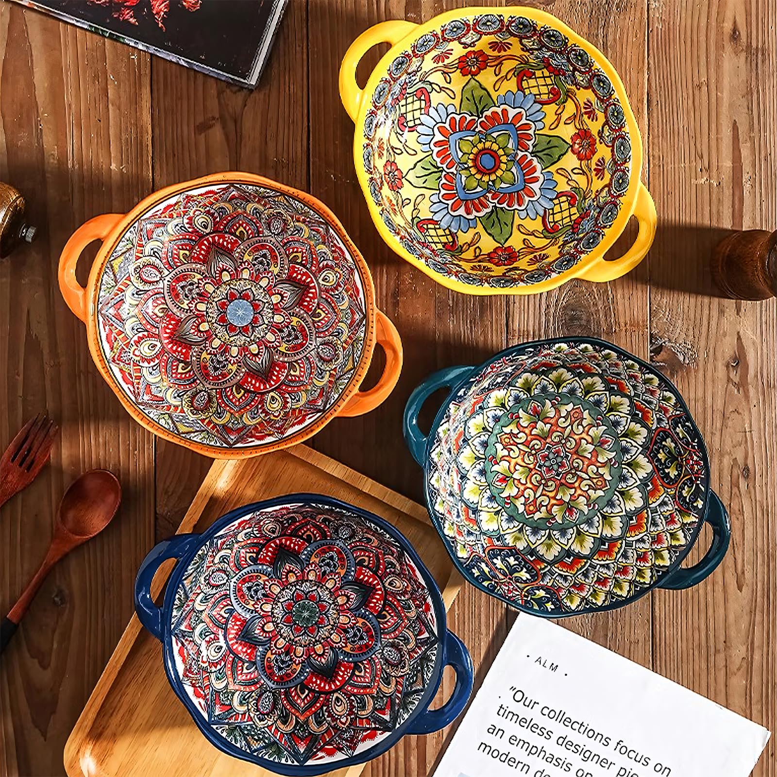 Keramik-Servierschalen im Boho-Stil mit Griffen, 1,2 l Porzellan-Salatschüsseln, große Servierschalen für Unterhaltung, Rührschüsseln für Suppe, Eintopf, Nudeln, Müsli, buntes geprägtes süßes