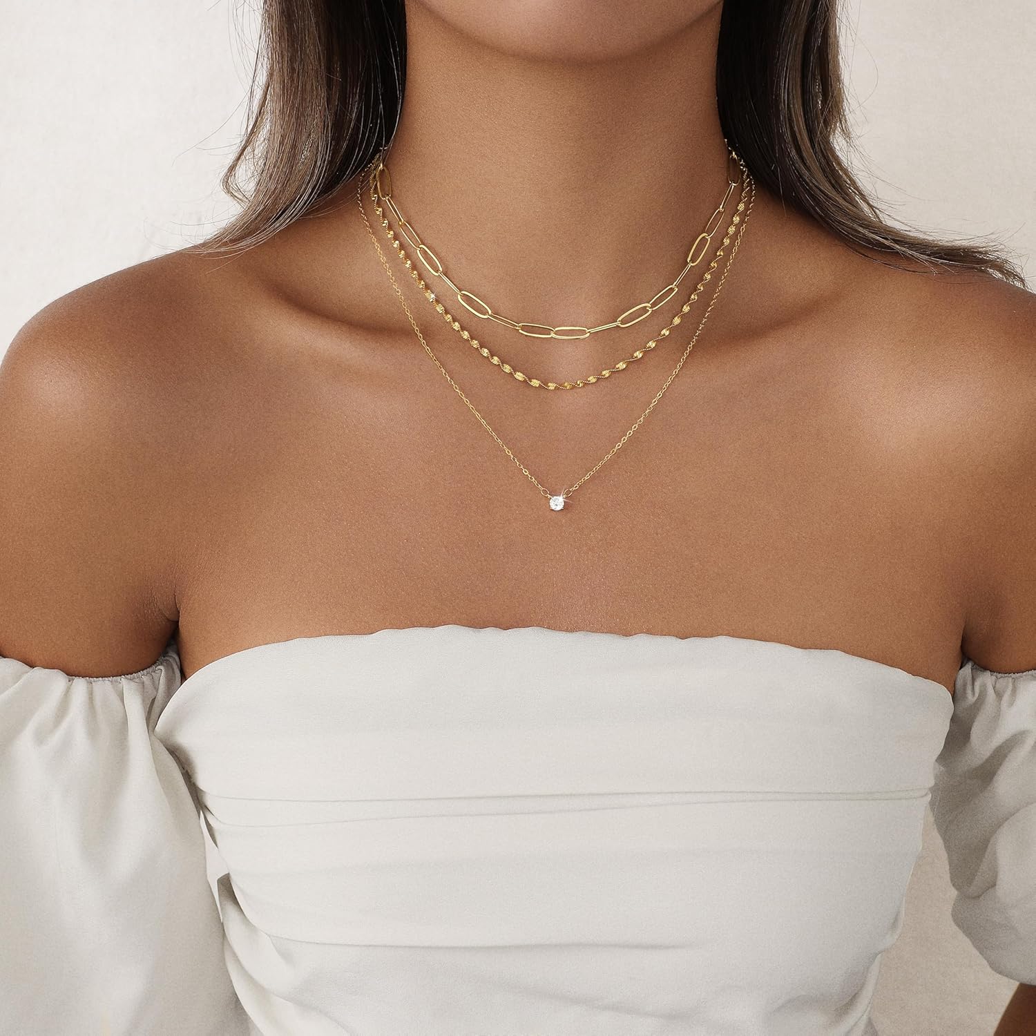 Layered Gold Necklace for Women Trendy 14K Gold Plated Heart CZ Pendant Layered Gold Necklaces Set Coin Choker Necklaces Simple Circle Cubic Zirconia Pearl Necklace Stack Herringbone Paperclip Chain Jewelry Set - Image 2