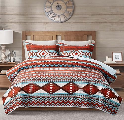 Southwestern - Juego de ropa de cama con diseño tribal occidental azteca, rústico, nativo americano, navajo, juego de edredón de 3 piezas,