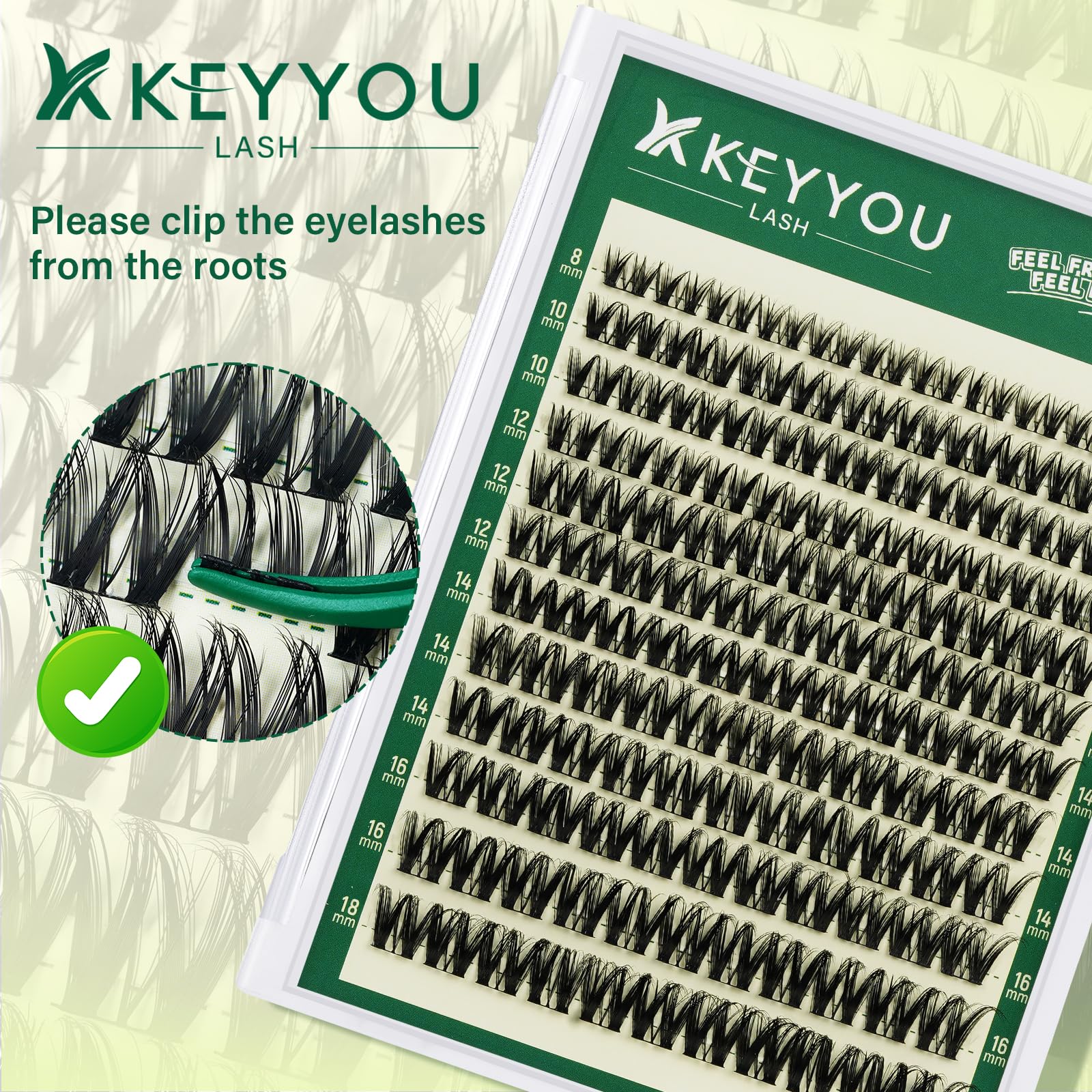 KEYYOU Set di extension per ciglia a D ricciolo volume, 8 – 16 mm, set da 132 arricciacapelli per ciglia con adesivo e tweezers Wispy Lash Clusters Kit (F01)