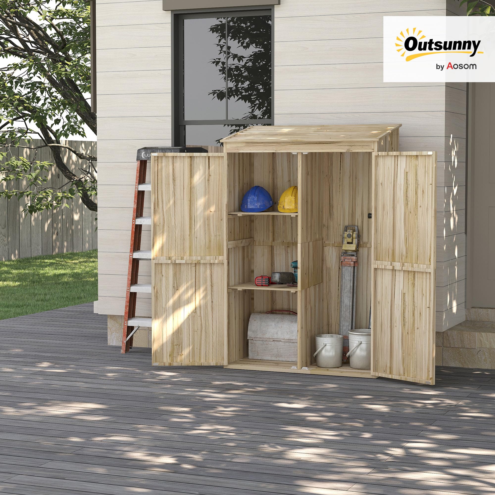Outsunny Armoire de Jardin en Bois avec 2 Portes magnétiques, 2 étagères et Compartiment Droit spacieux, Armoire de Rangement à Toit incliné 120 x 57 x 183 cm Bois Naturel