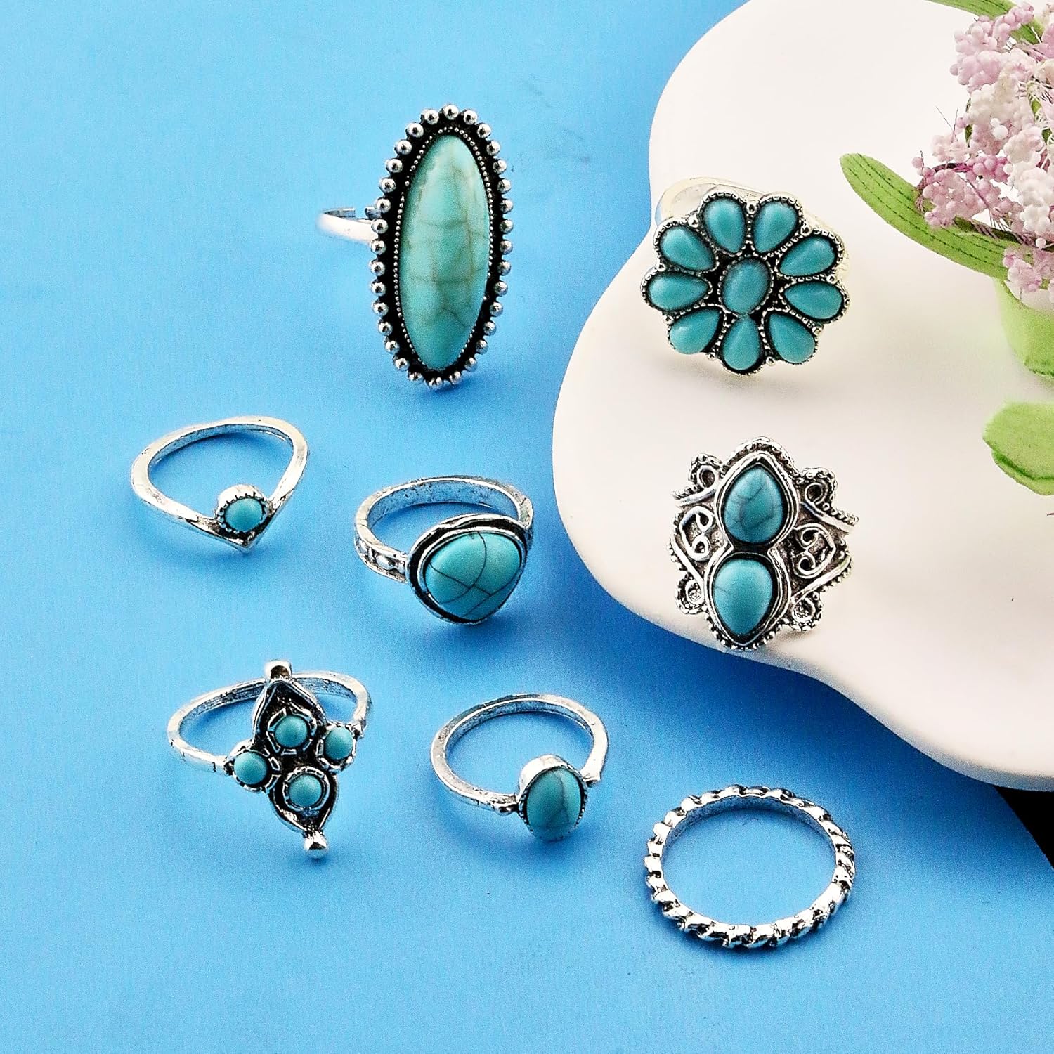 Turquoise Rings for Women Bohemian Turquoises Ring Set Vintage Western Rings for Finger Stackable Knuckle Ring Western Jewelry - Image 3