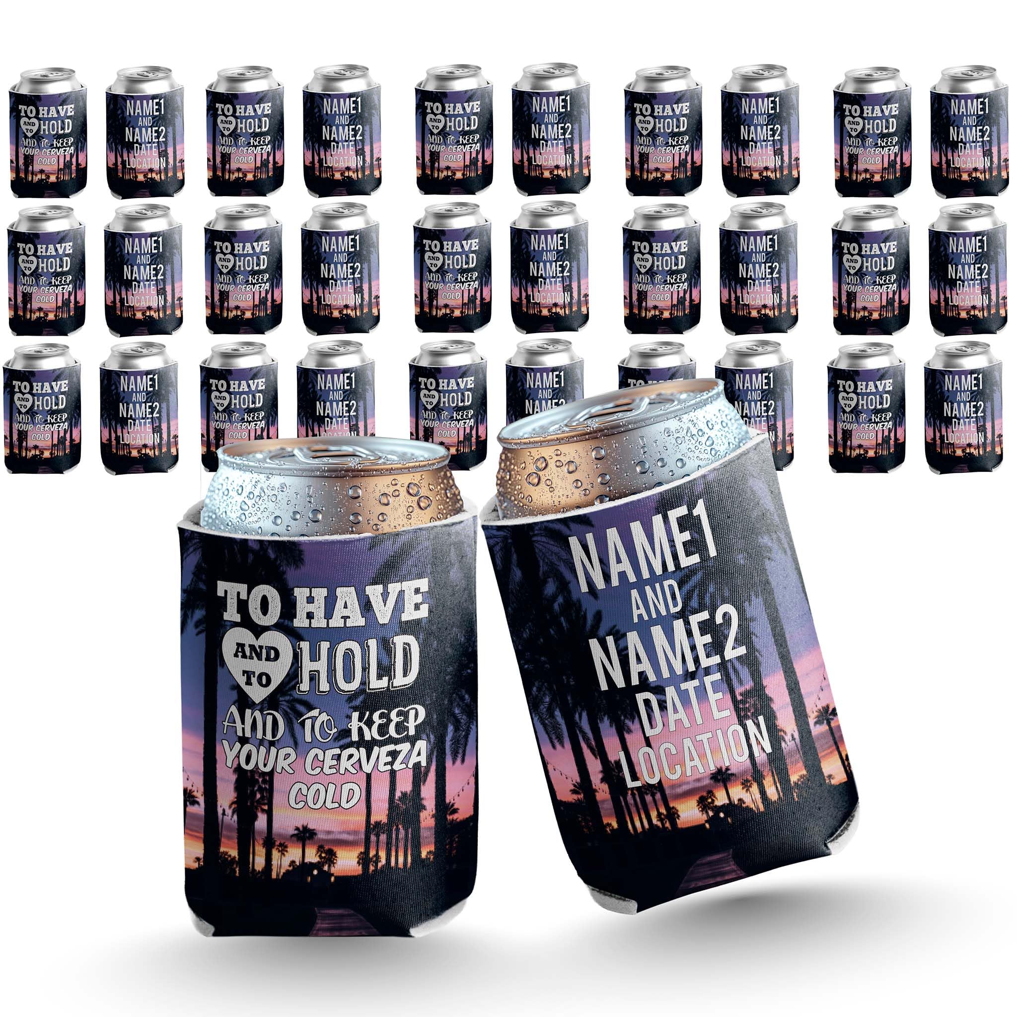 Custom Wedding Can Cooler – “To Have and to Hold and to Keep Your Cerveza Cold” – Personalized 12-16 oz Foam Drink Sleeve – Made in USA by VictoryStore, Set 250