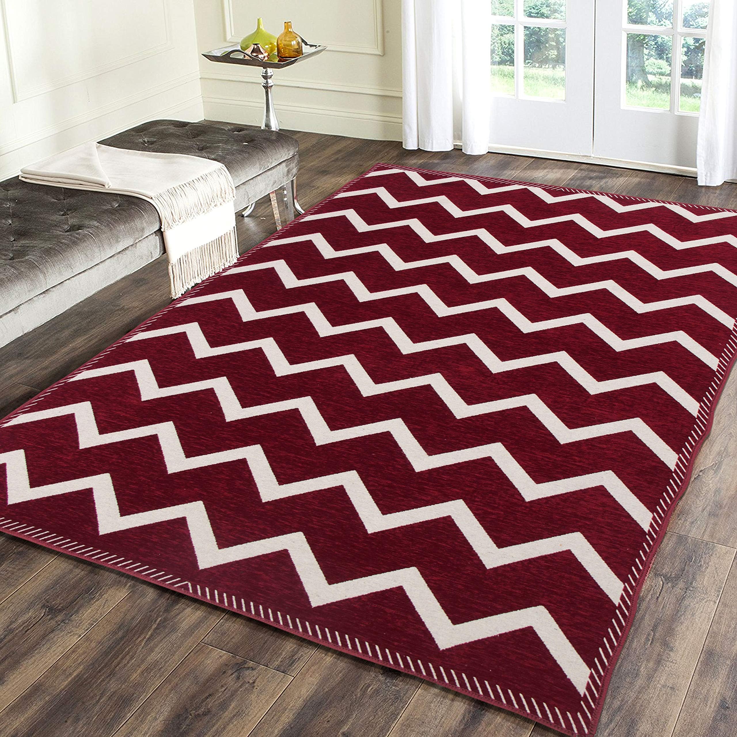 Braids Zesture Flat Weaved Chevron Design Foldable Multipurpose Living, Bedroom, Kitchen, Picnic, Praying Carpet - 5 Feet X 7 Feet (Maroon)