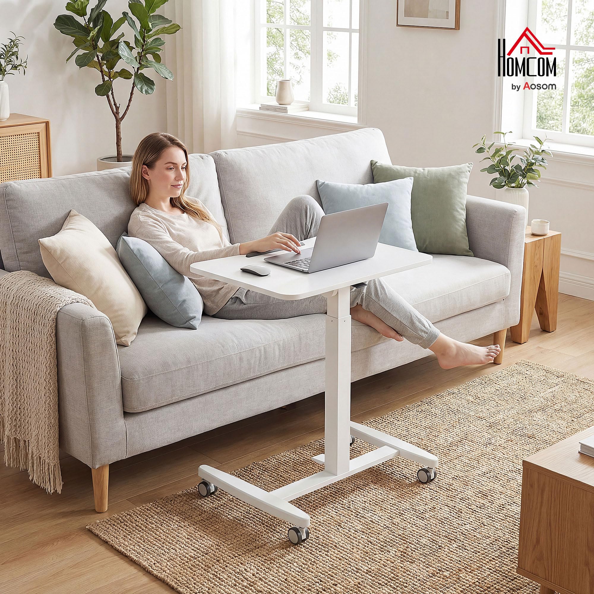 HOMCOM Laptoptisch Höhenverstellbar mit Rollen 60x52cm Tischplatte Weiß | Bestelltisch, Schreibtisch, Neigbarer, Computertisch mit Sicherheitsstopper, Mobiler Stehpult Pneumatisch, für Büro, Sofa