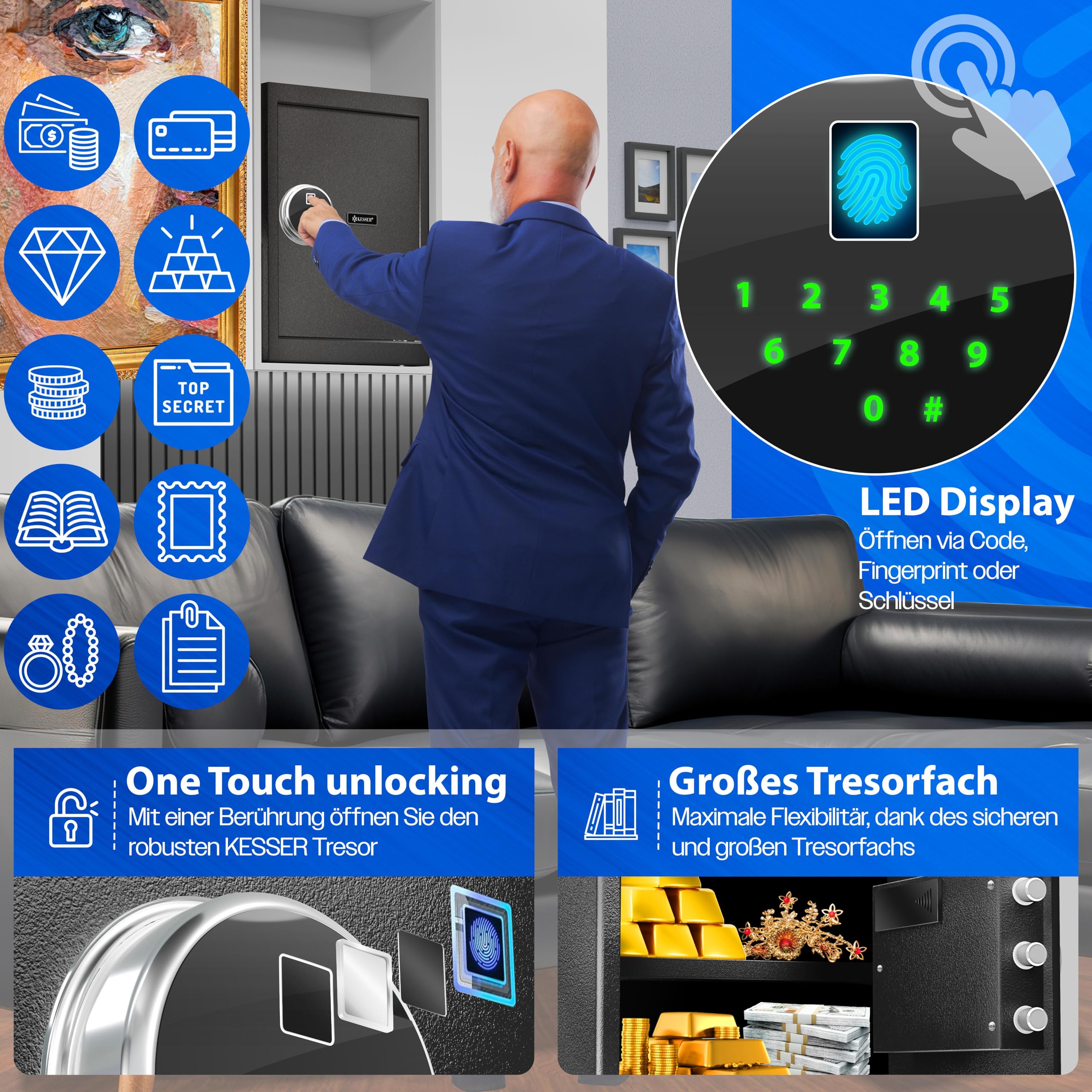 KESSER® Cassaforte elettrica con impronte digitali e chiave S, batteria di emergenza, 3 chiusure a doppio bullone, cassaforte da parete e mobile