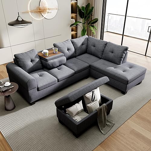 AWQM Upholstered L-Shape Modular Sectional Sofa Set with Storage Ottoman & Chaise, Light Grey Fabric Living Room Furniture, Comfy Oversized Corner Sofa Couch