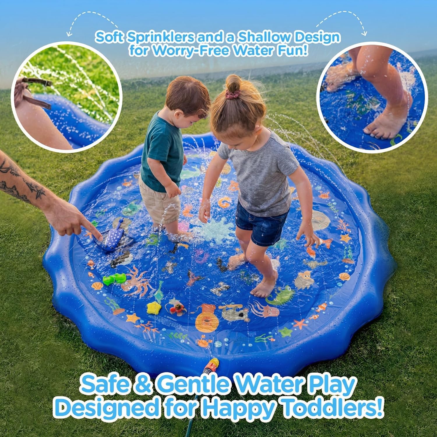 KiddoSpace Splash Pad Sprinkler for Kids and Dogs – 67" Baby Splash Pad for Toddlers 1-3, Crazy Daisy Sprinkler, Non-Slip BPA-Free Outdoor Water Play Mat, Repair Kit Included
