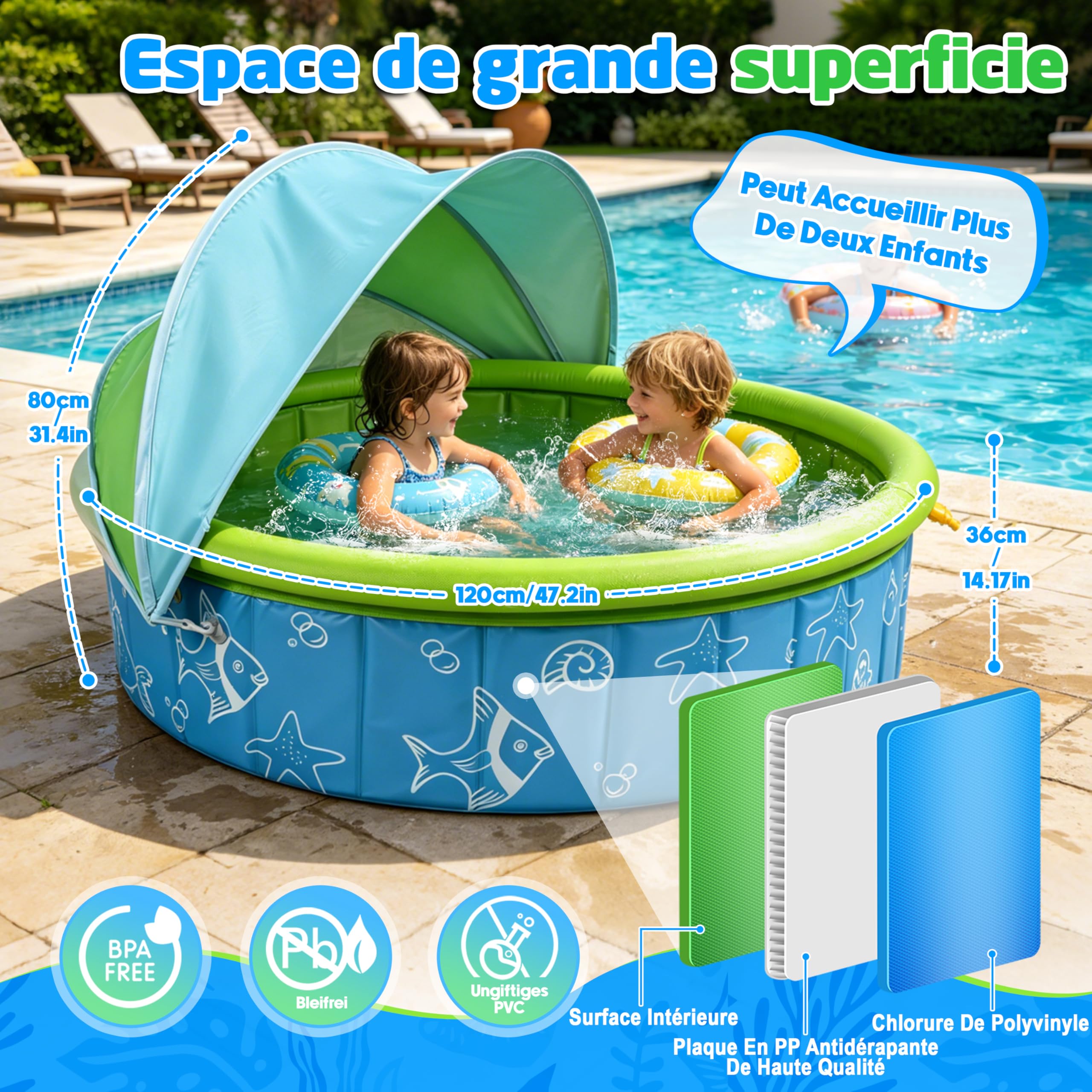 JONRRYIN Piscine Enfant avec Pare Soleil et Arroseur, Pataugeoire pour Chien et Enfant avec Tente de Plage Anti UV, 120×36 cm Pataugeoire Portable et Antidérapante pour Jardin Plage