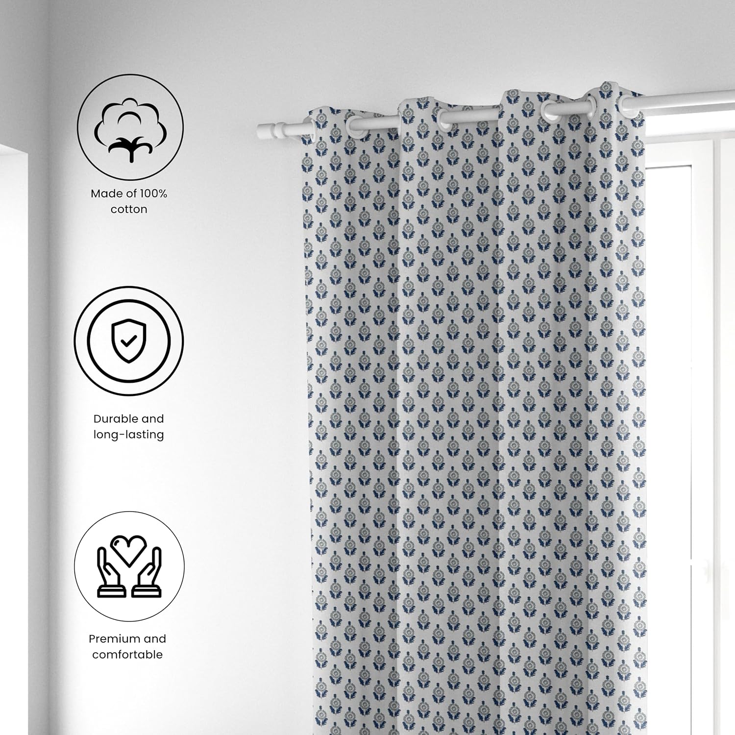 Trade Star Pure Cotton Curtain with Cushion Cover - Modern Hand Block Print, Semi Sheer, 100% Cotton, Single Panel, Grommet Eyelet, 84" L x 38" W