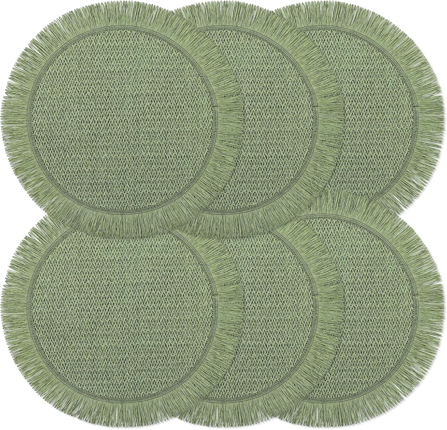 fanquare Boho Round Paper Placemats 15'' Set of 6, Rustic Woven Fade-Safe Tablemats, Braided Placemats for Home, Cafe or Events, Green