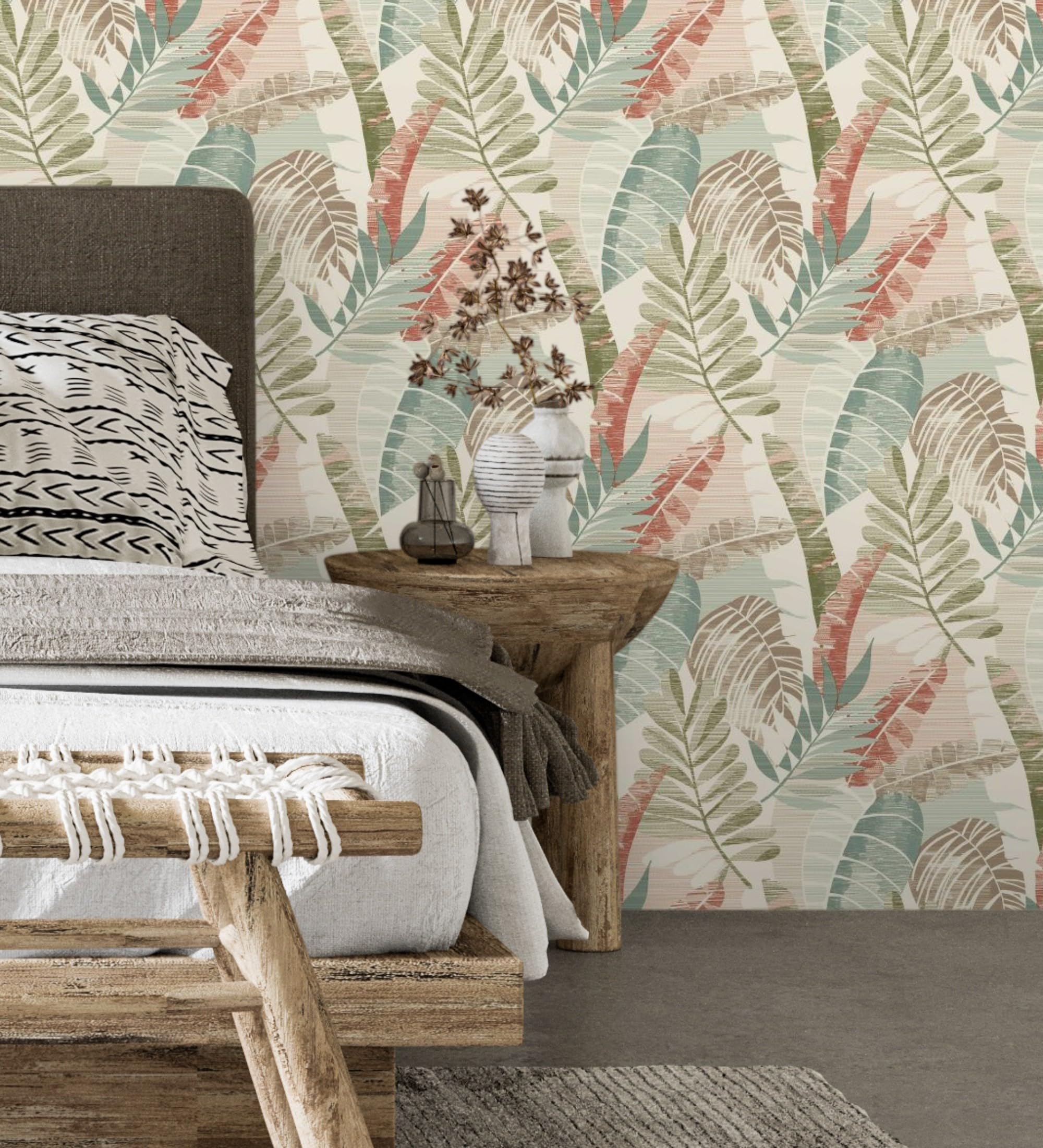 GAULAN 682819 - Papel pintado de hojas tropicales tonos verdes terracota claro y marfil para pared salón dormitorio pasillo comedor - Rollo de 10 m x 0,53 m