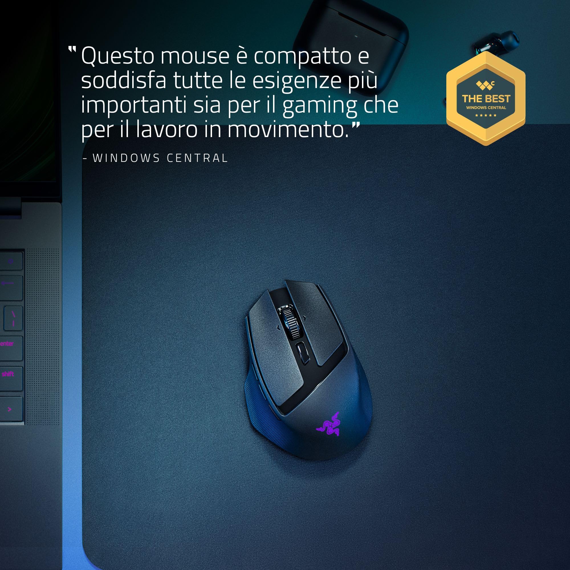 Razer Basilisk Mobile - Piccolo mouse ergonomico portatile da gioco senza fili - AI Prompt Master - Sensore Focus X 18K (connettività tri-mode, fino a 105 ore, switch del mouse Gen-3) Nero