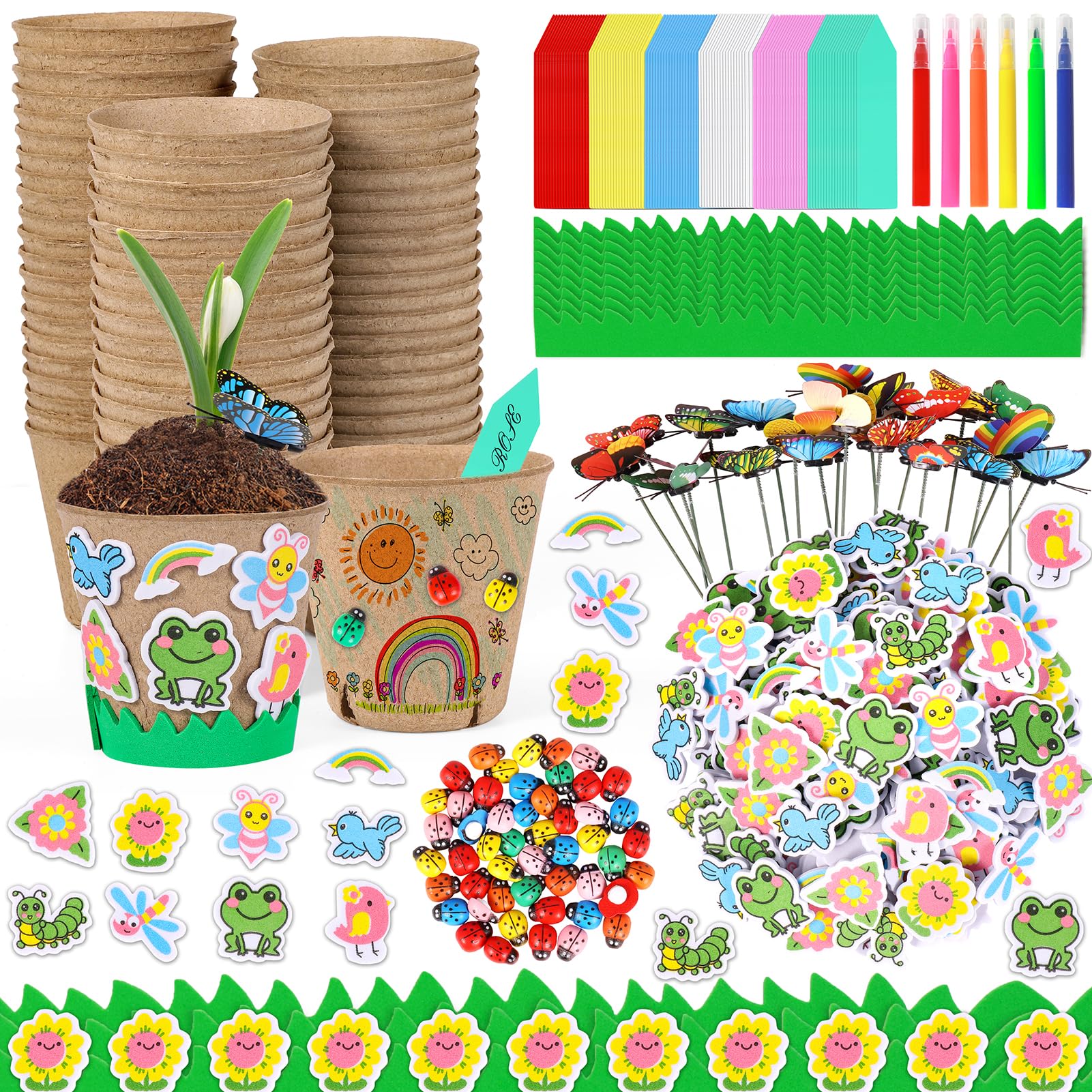 60 Pack Garden Paper Pot Craft Kit Flower Plant Spring Summer Craft with 50 Adhesive Foam Stickers 60 Paper Mache Pots Label Pens, Flower Planting Growing Kit Science Garden Gift for Kids Mother Day