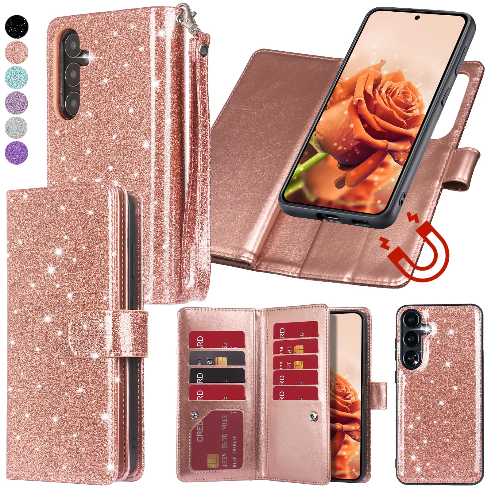 Varikke for Galaxy S25 Plus Wallet Case Detachable with RFID Blocking Card Holder for Women, Glitter Leather Strap Magnetic Flip Removable Phone Case