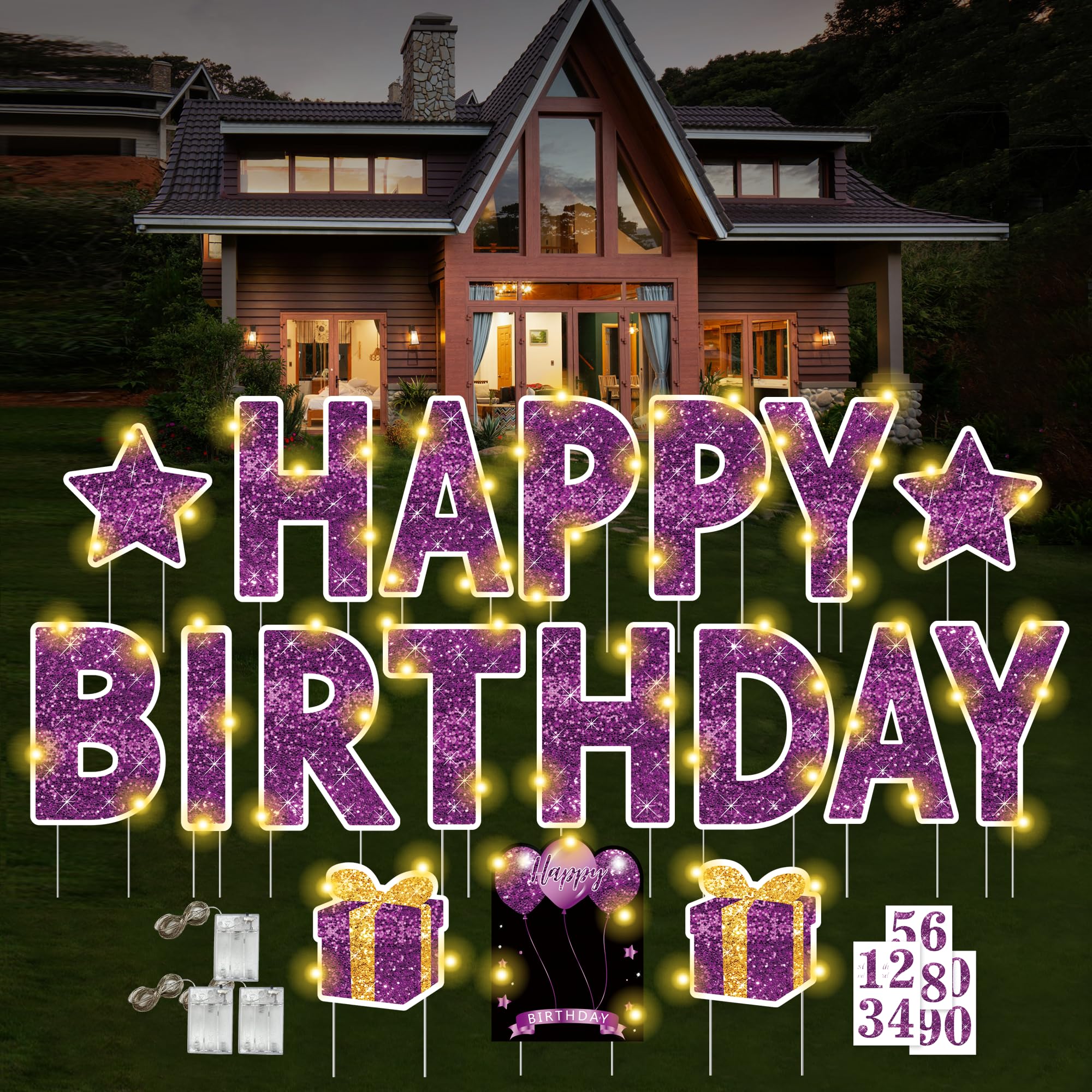 Photo 1 of 18 Pcs Happy Birthday Yard Sign with Stakes, Purple Happy Birthday Yard Sign with 49.2 Ft LED Light, 16 In Large Personalized Happy Birthday Sign, Waterproof Lawn Garden Birthday Party Decorations