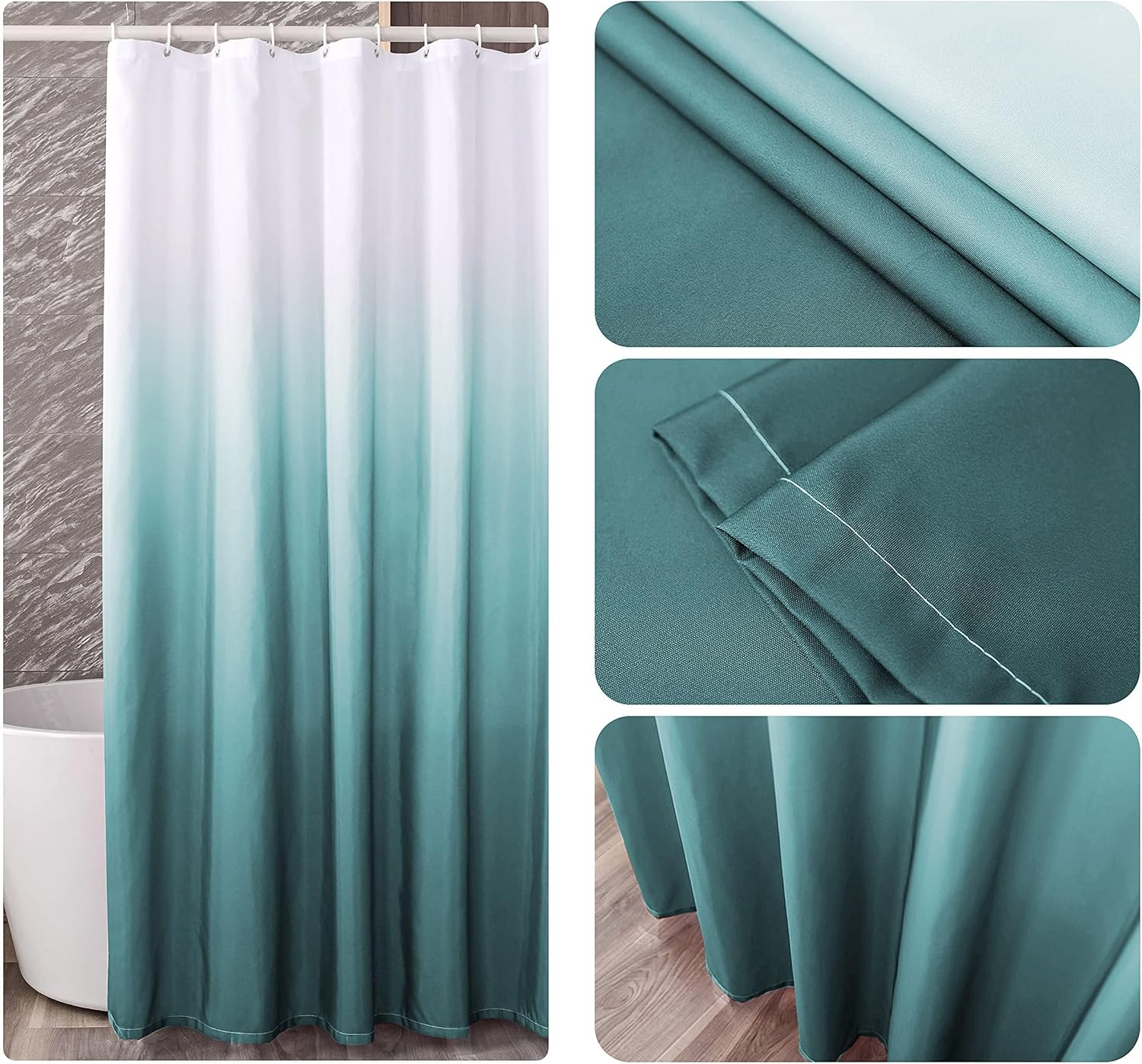 YI & ZE Teal Blue Ombre Shower Curtain Sets for Bathroom Accessories Fabric Polyester Waterproof Modern Shower Curtain Liner with 12 Hooks W72xL84