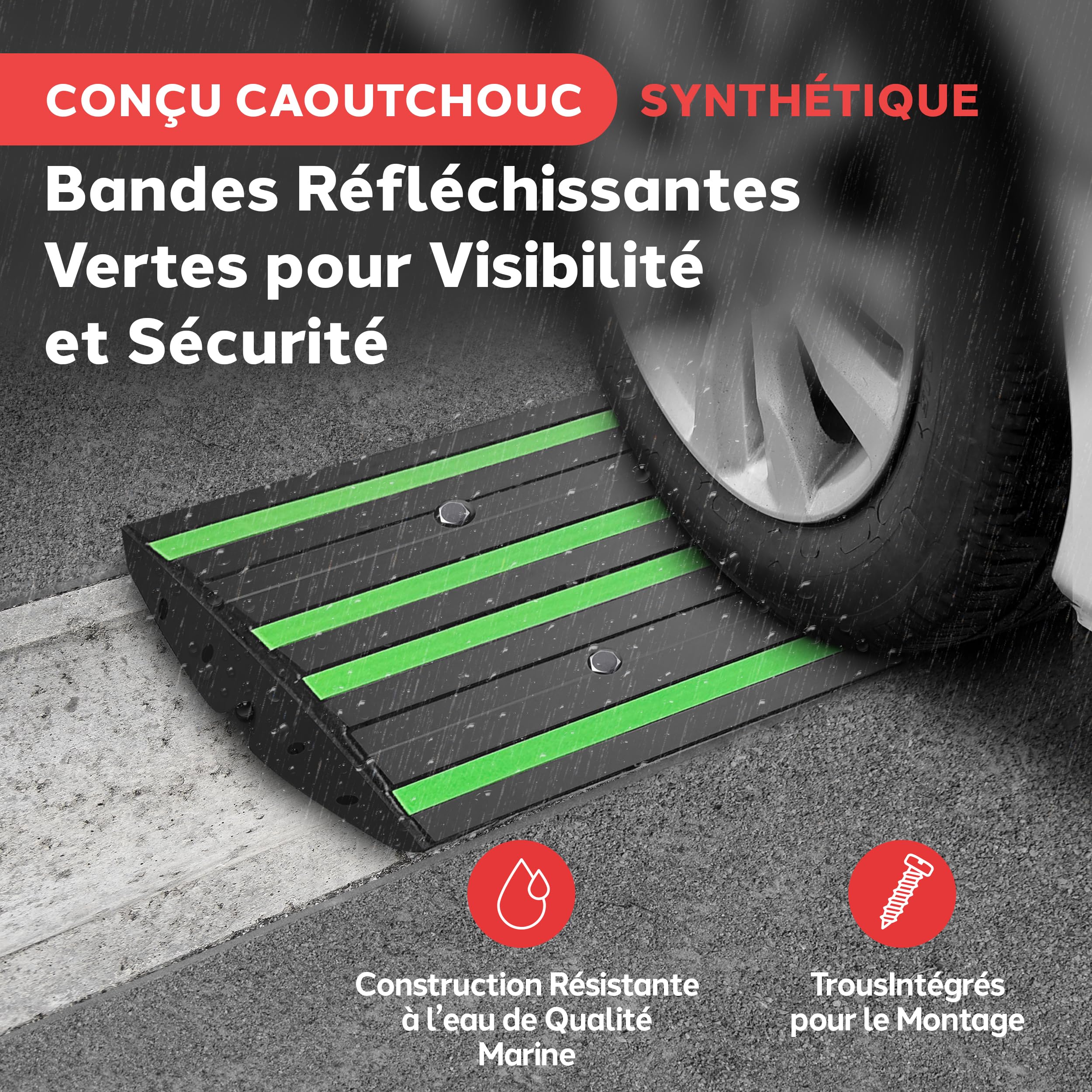 Pyle Rampe de Bordure en Caoutchouc (2)– Ramp de Seuil Antidérapante Imperméable, Bandes Réfléchissantes Vertes, Usage Intensif pour Voiture, Camion, Camping-Car, Chariot Élévateur, Garage et Trottoir