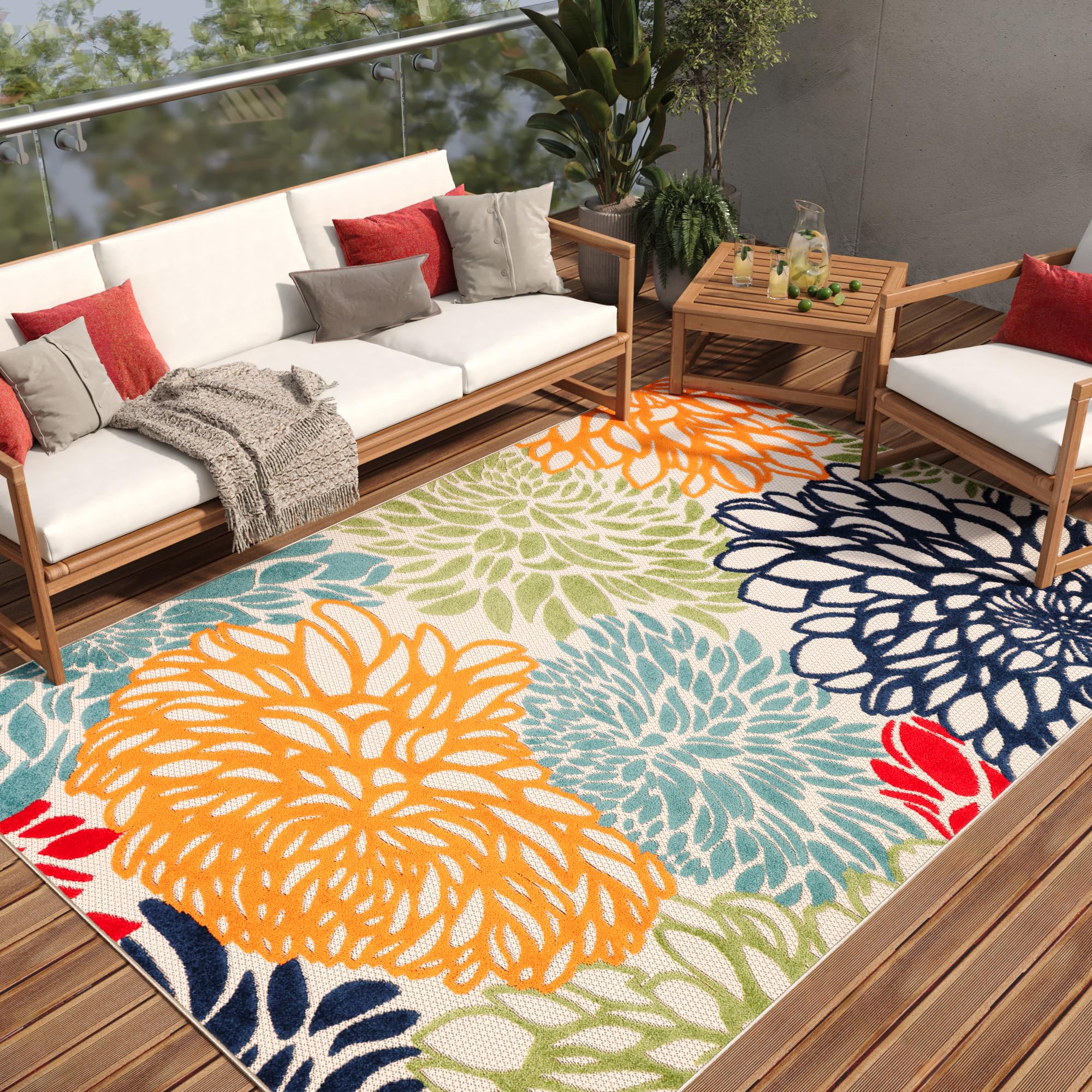 TAPISO Patio Tapis d'Extérieur Beige Multicolore Coloré Fleurs, Résistant aux Intempéries et Facile d'entretien, Anti-UV – Idéal pour Terrasse, Balcon et Jardin 90 x 150 cm
