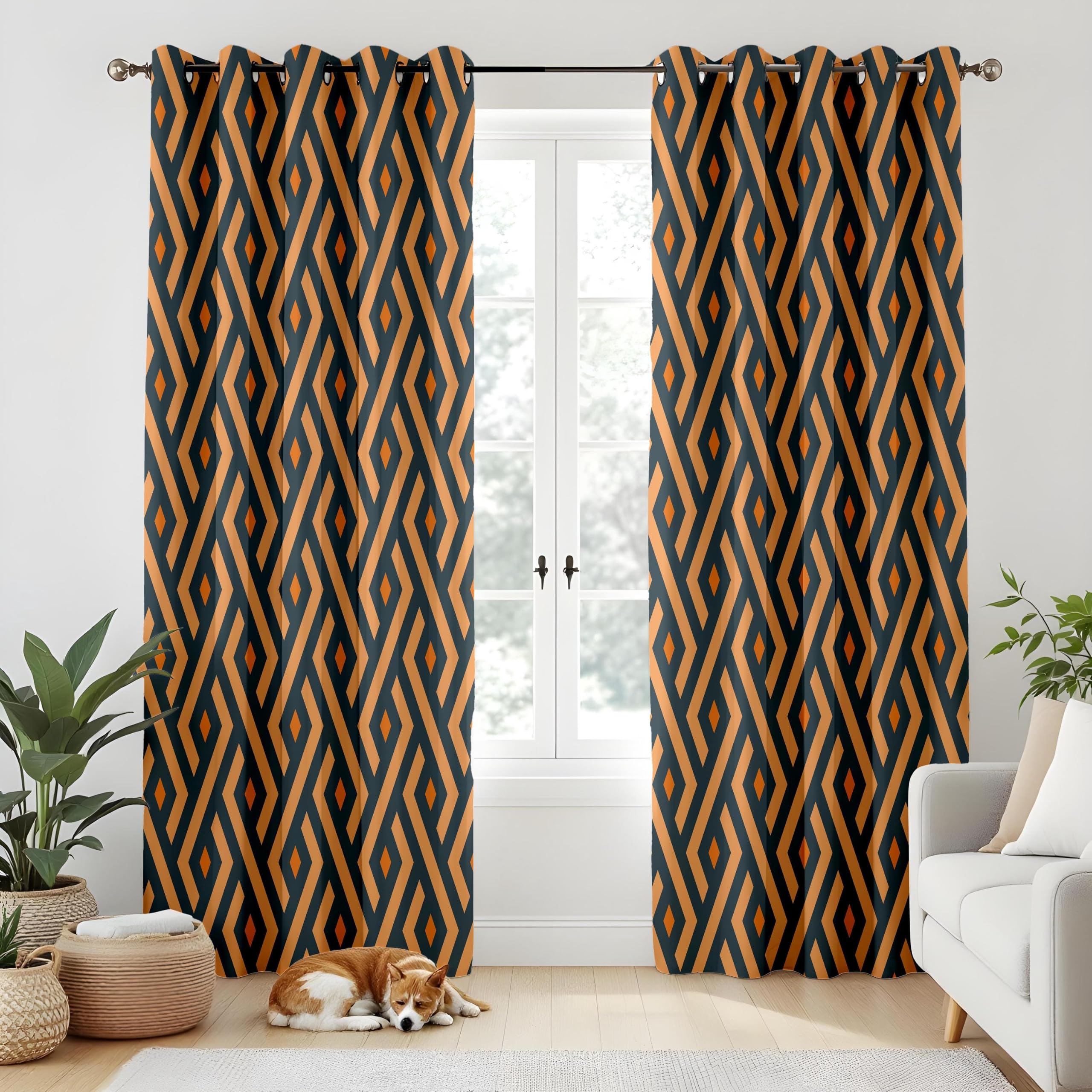 Rideaux occultants géométriques Art Déco, Motifs Audacieux Orange et Noir à Losanges, Panneaux de fenêtre à Motif Abstrait pour Une décoration intérieure Moderne (L x H / 2 x 200 x 265 cm)
