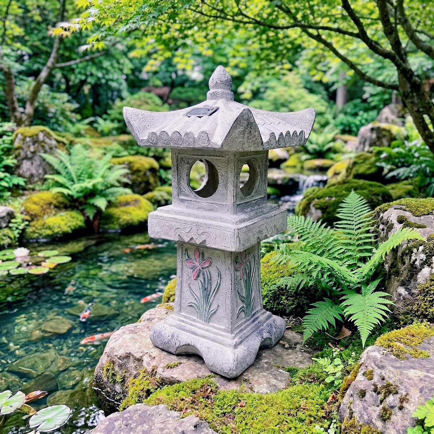 23.6’’High Asian Orchid Pagoda Statue Solar-Powered LED Light Miniature Tower Lantern Garden Decoration Figurines Solar Lamp Outdoor Japanese Decoration Zen Courtyard Landscape