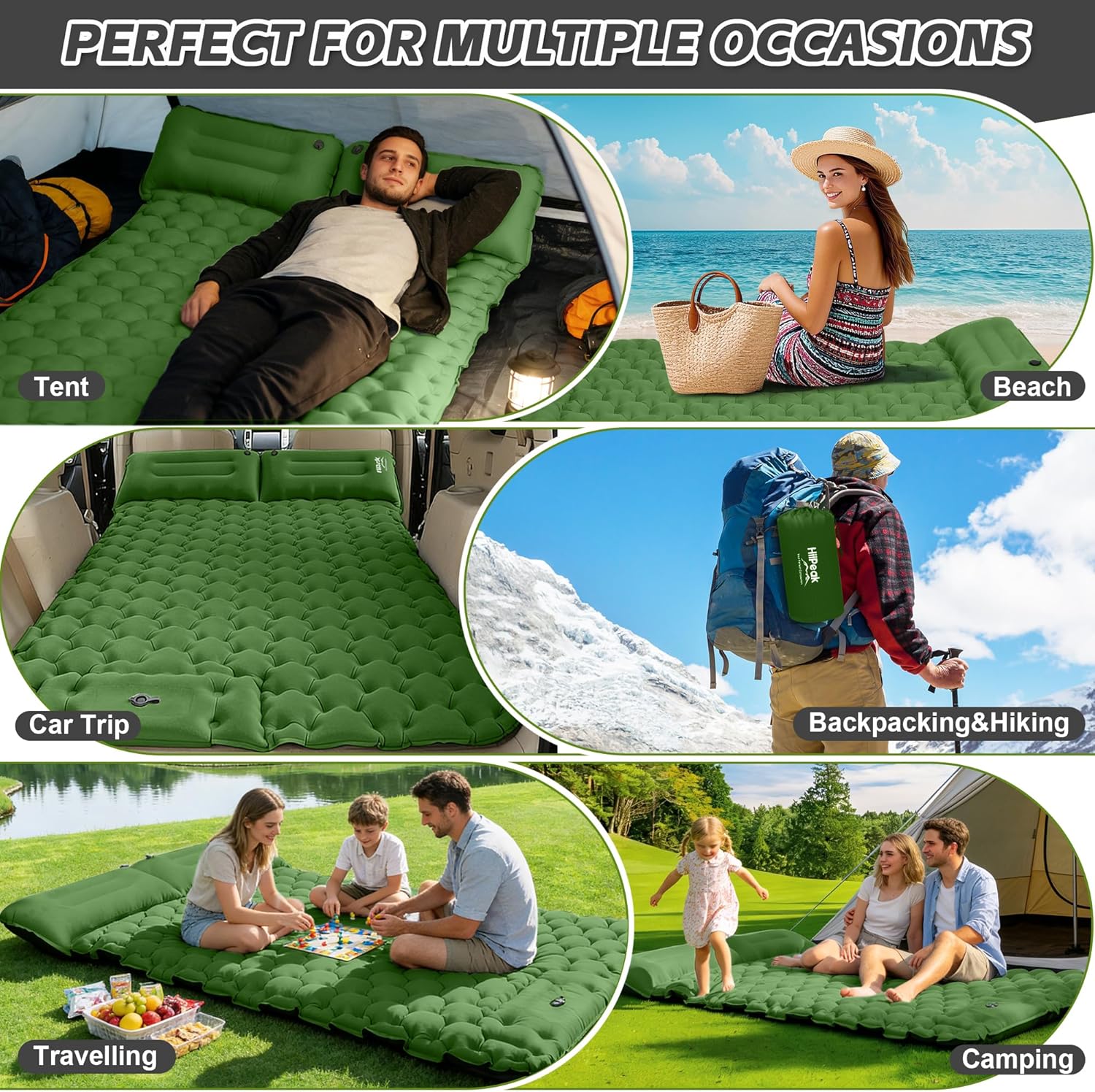 HiiPeak Double Sleeping Pad for Camping - Suede Top Camping Mattress with Pillow, Built-in Foot Pump, Compact Inflatable 2-Person Portable Mat for Backpacking, Hiking, Car Traveling, Beach, Tent