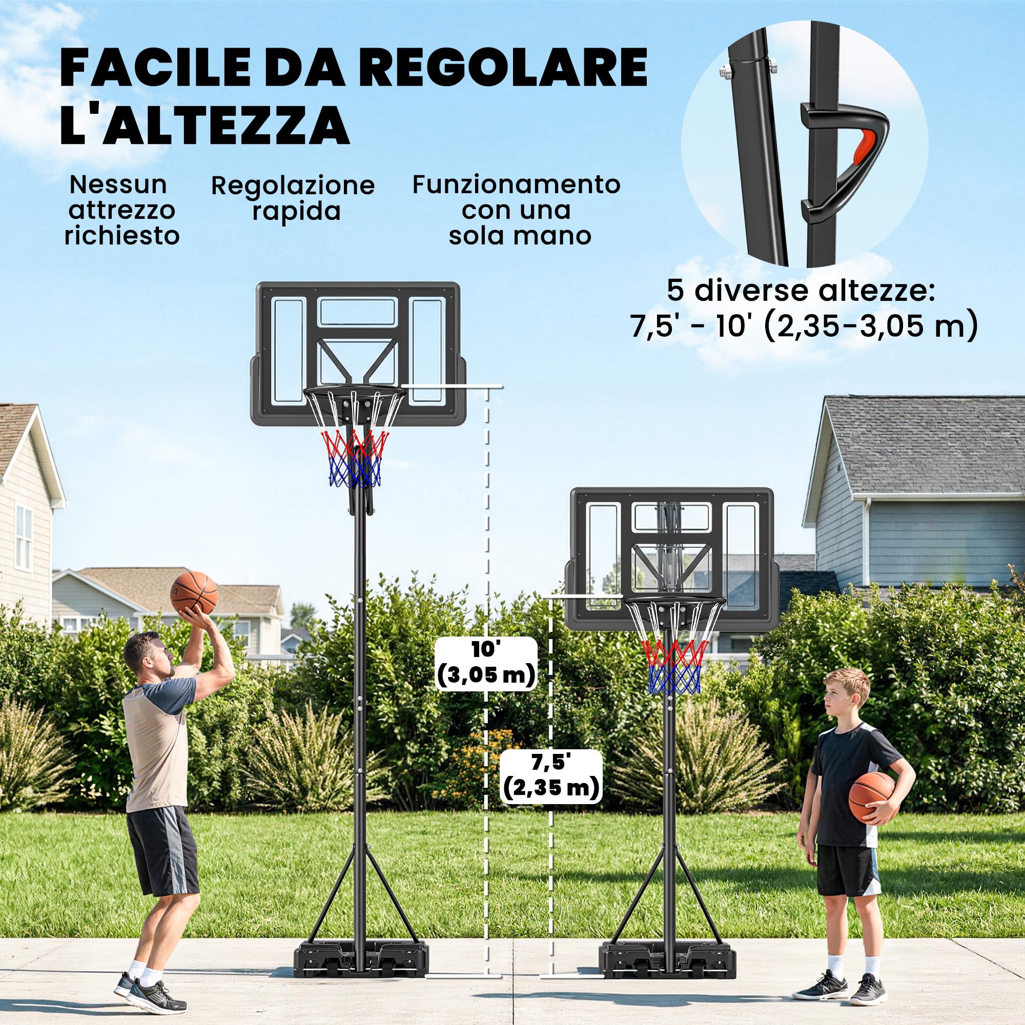 SPORTNOW Canestro Basket Esterno Regolabile in Altezza 235-305 cm, Canestro da Basket con Ruote, Base Riempibile, Sacco di Peso, Tabellone Infrangibile, Portatile per Interno Adulti Adolescenti, Nero