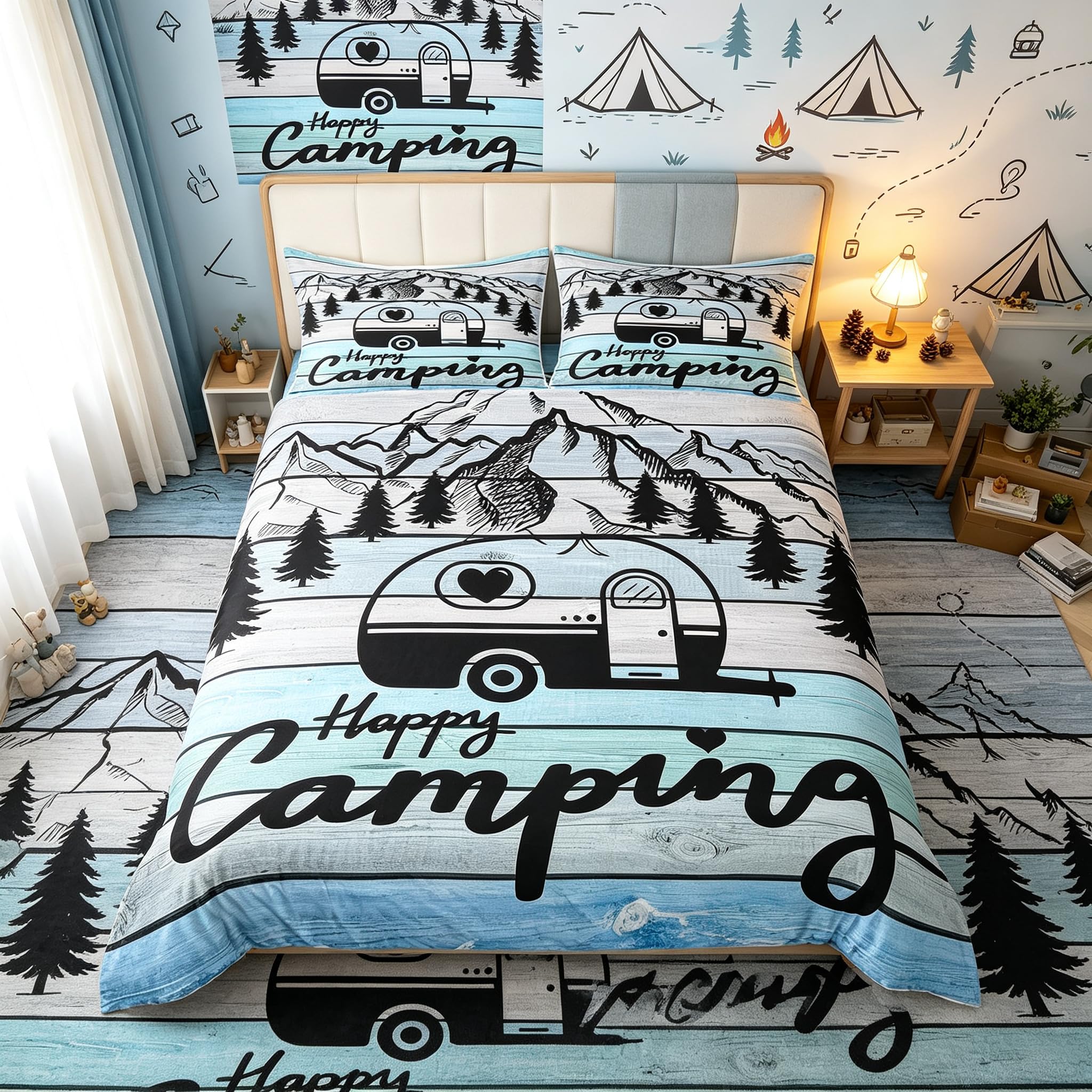 Loussiesd Happy Camping Bedding Set Rustic Farmhouse Junior/Cot Bed 2Pcs Duvet Cover for Boys Kids Girls Rv Camper Decor Bedding Grey Blue Vintage Barn Collection โ image 1